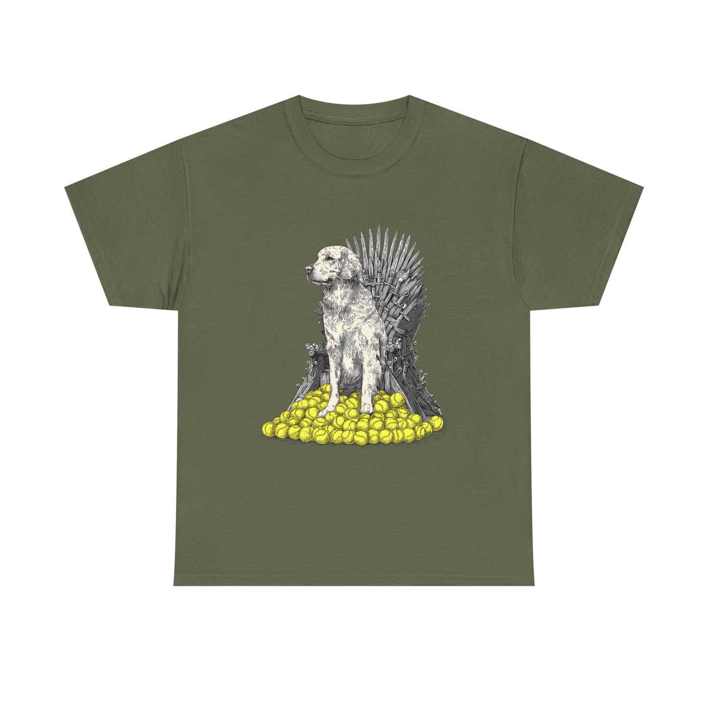 Dog Throne T‑Shirt — Dog on Iron Throne of Tennis Balls Graphic Tee
