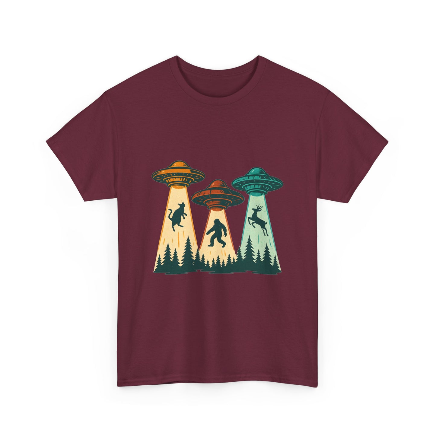 Alien Abduction UFO Tee — Retro Forest Beams T‑Shirt