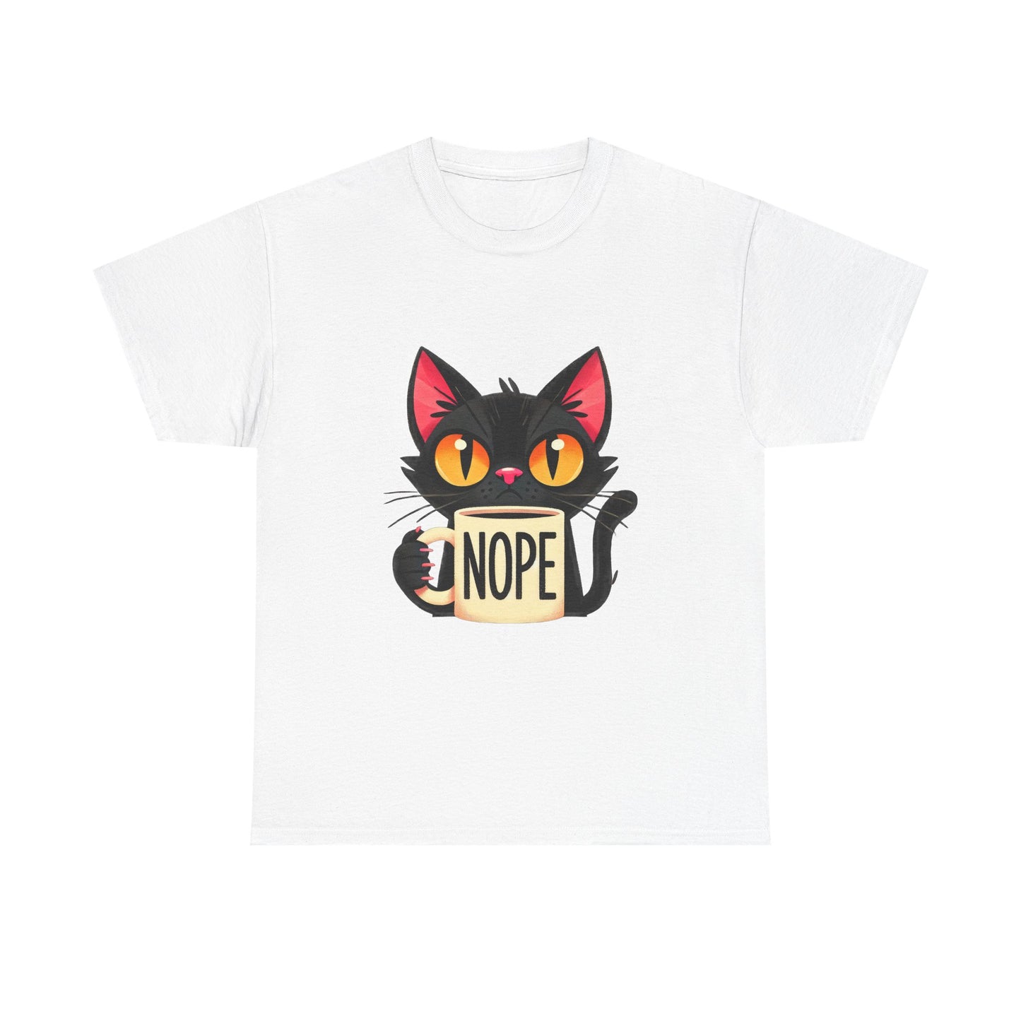 Cat 'Nope' T-Shirt — Cute Black Cat Holding 'NOPE' Mug Graphic Tee