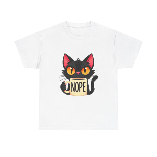 Cat 'Nope' T-Shirt — Cute Black Cat Holding 'NOPE' Mug Graphic Tee