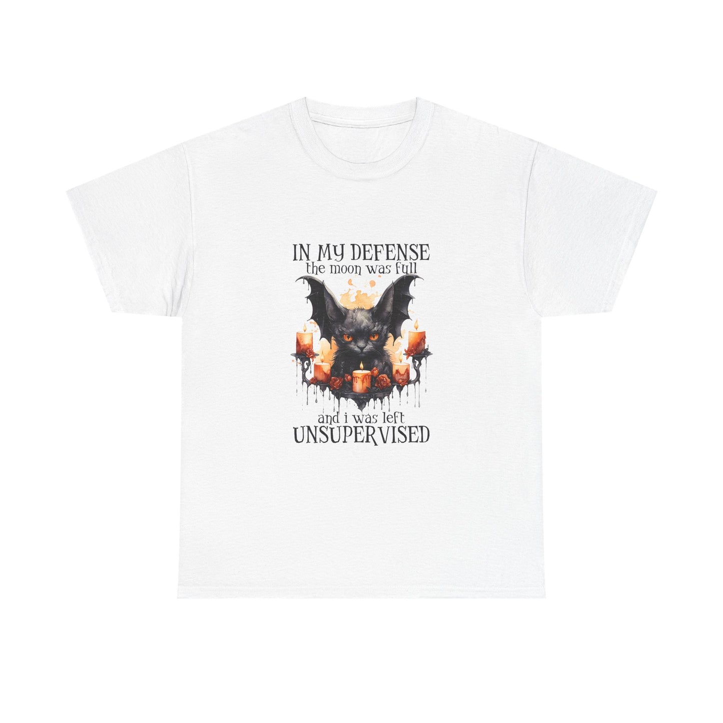 Bat Candle Tee - "In My Defense the Moon Was Full" Halloween Graphic T-Shirt