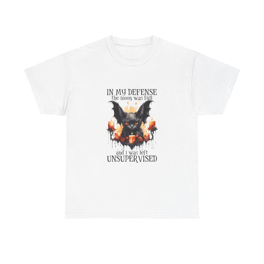 Bat Candle Tee - "In My Defense the Moon Was Full" Halloween Graphic T-Shirt