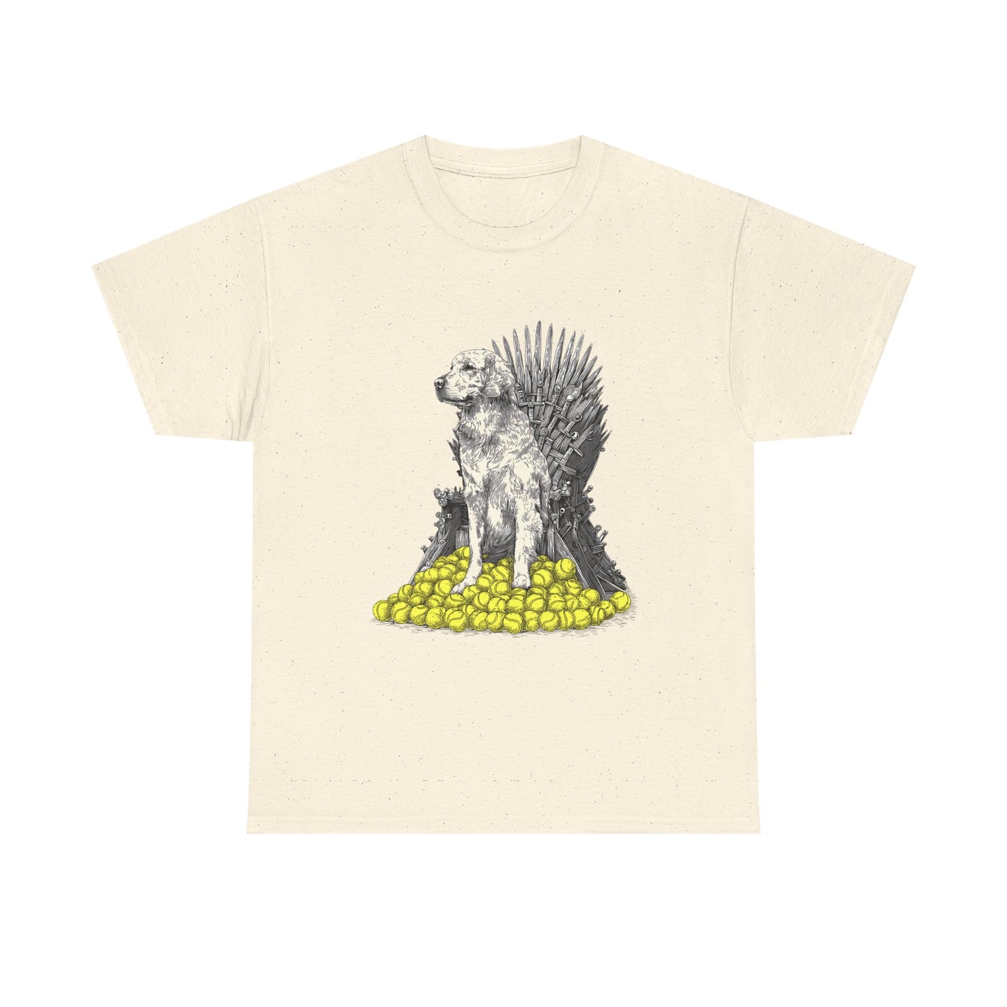 Dog Throne T‑Shirt — Dog on Iron Throne of Tennis Balls Graphic Tee