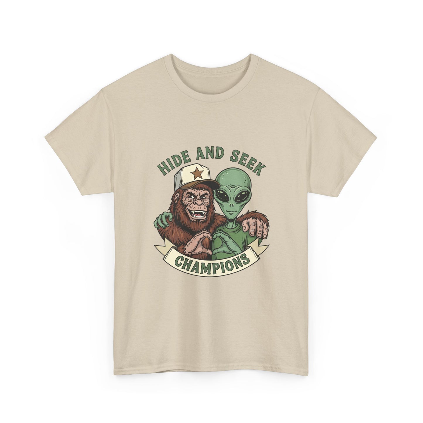 Hide and Seek Champions T-Shirt — Bigfoot & Alien Graphic Tee