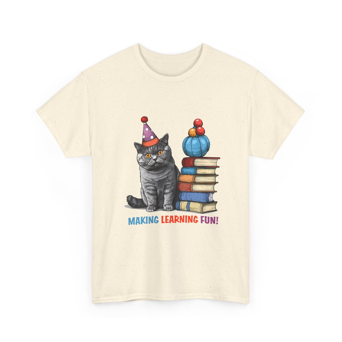 Cat Teacher T-Shirt — "Making Learning Fun!" Cute School Cat with Books Tee