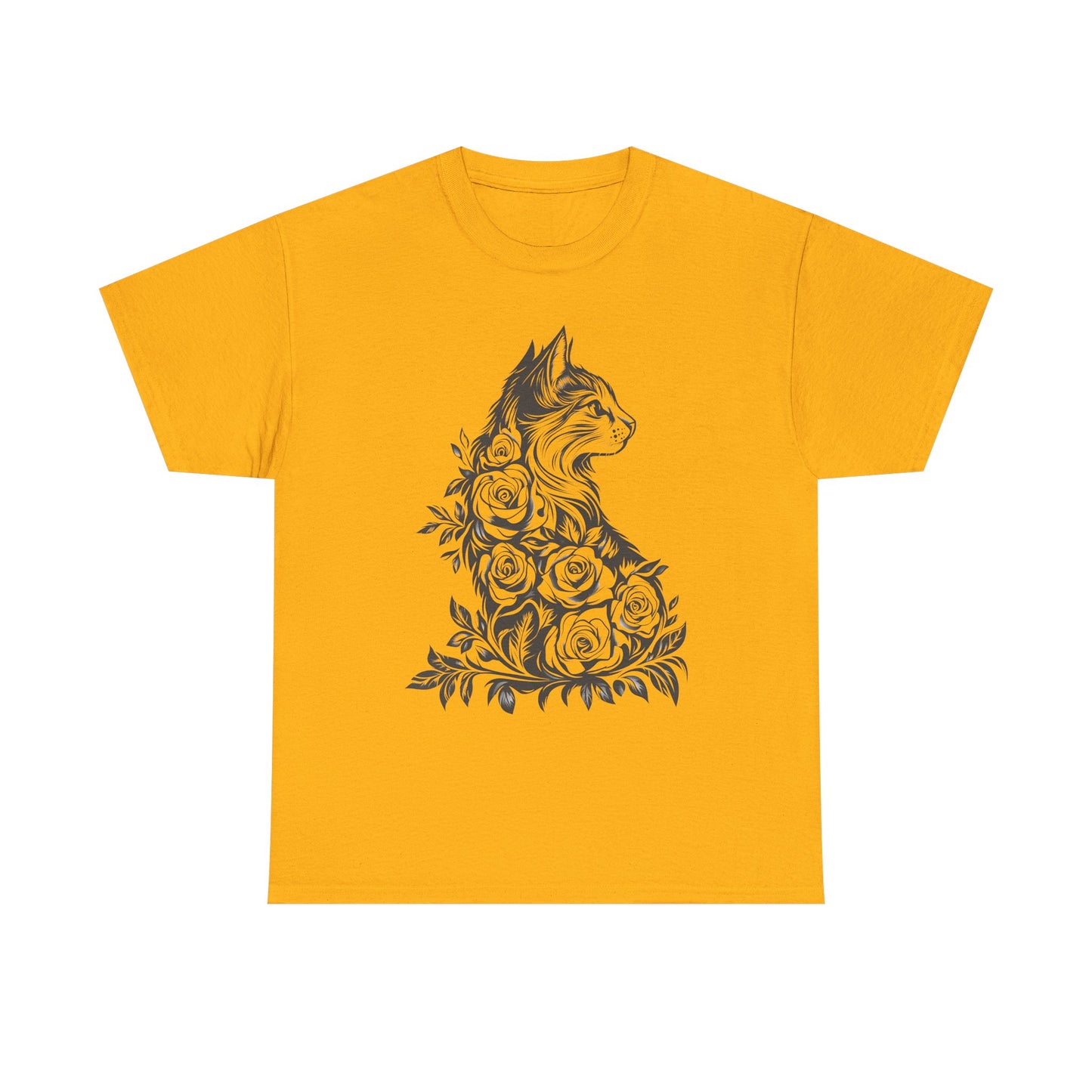 Floral Cat Tee — Vintage Black & White Cat with Roses T-Shirt
