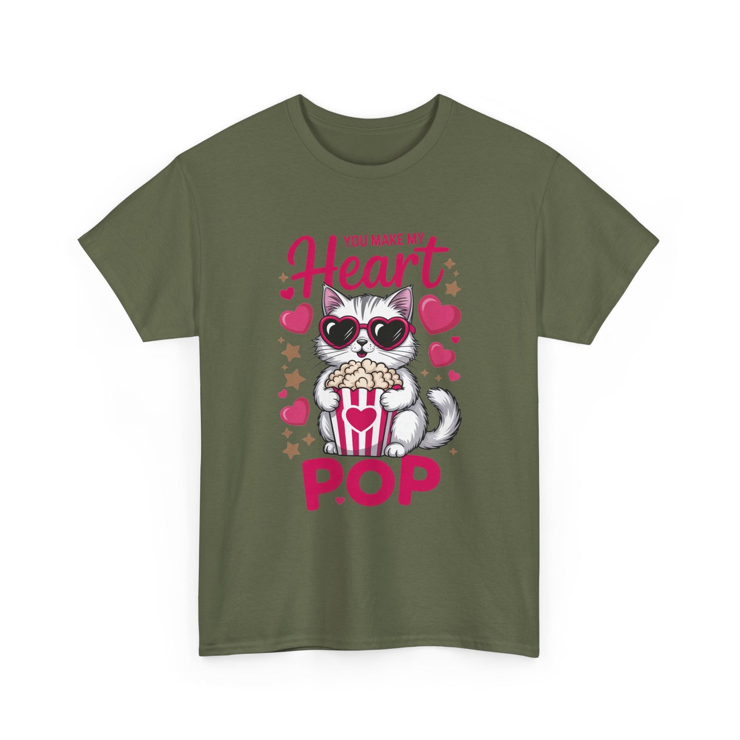 T-Shirt — "You Make My Heart Pop" Cute Cat Popcorn
