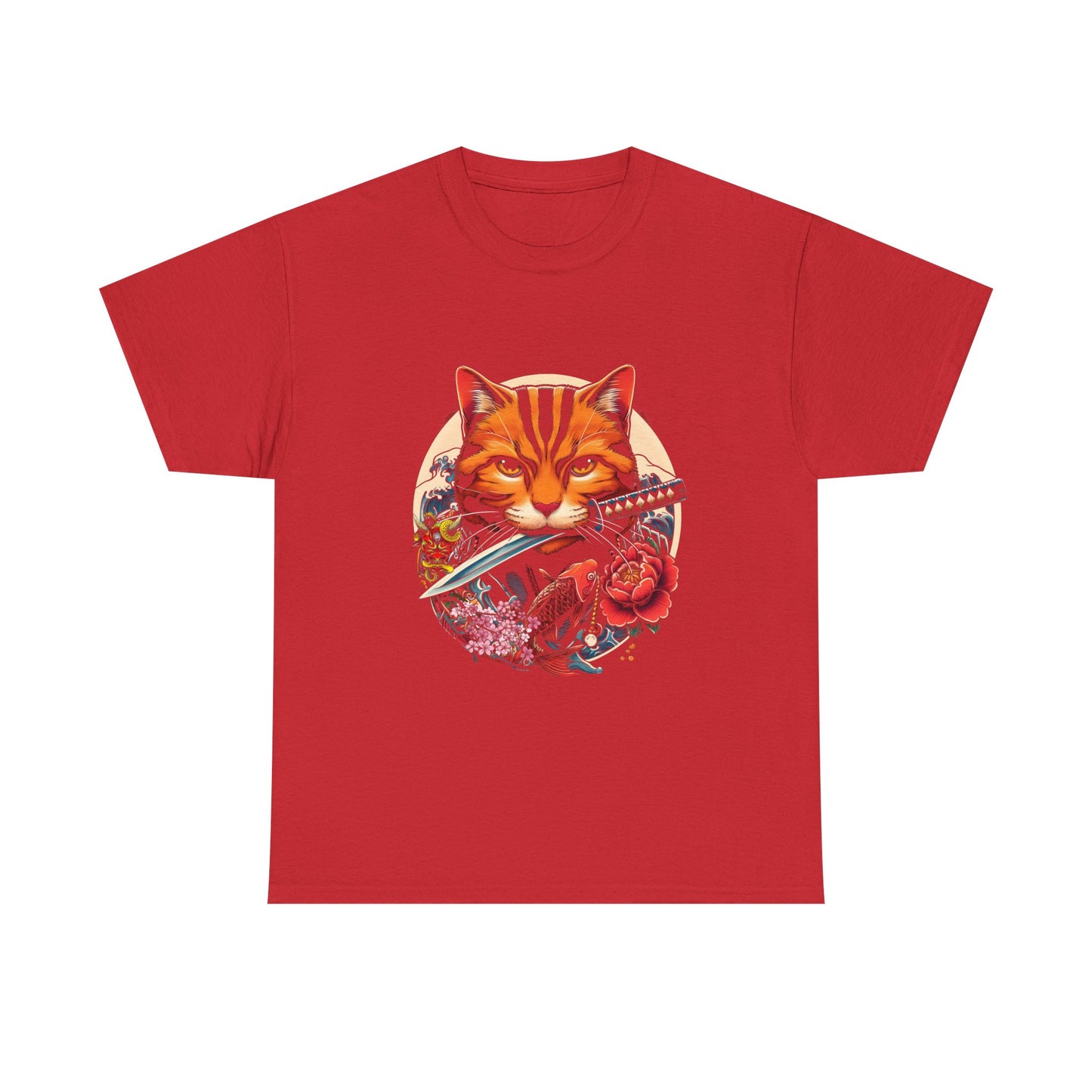 Cat Samurai T‑Shirt — Orange Tabby with Sword & Floral Crest