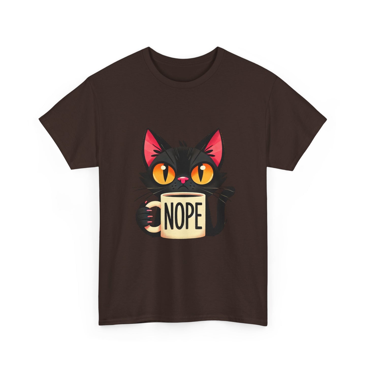 Cat 'Nope' T-Shirt — Cute Black Cat Holding 'NOPE' Mug Graphic Tee