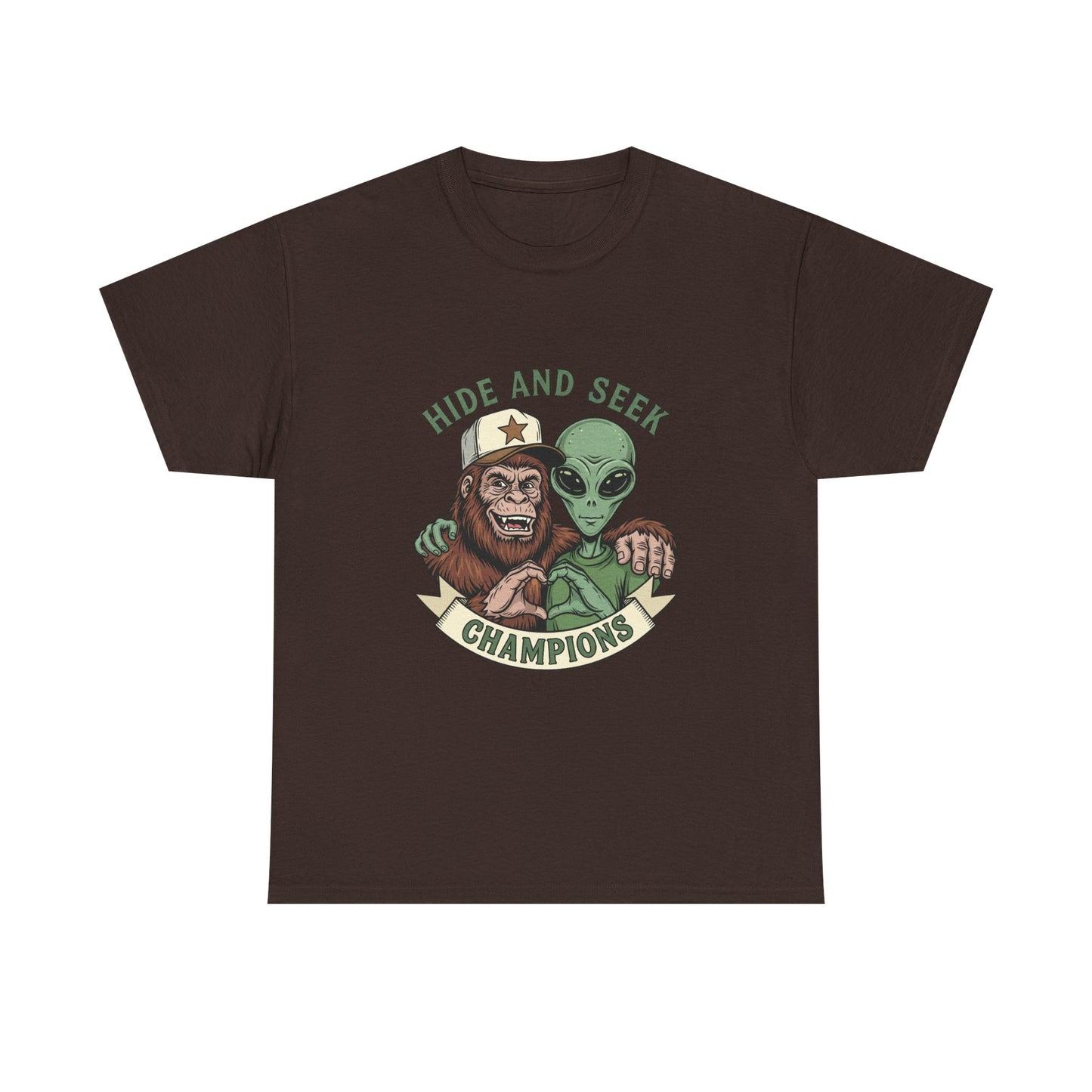 Hide and Seek Champions T-Shirt — Bigfoot & Alien Graphic Tee