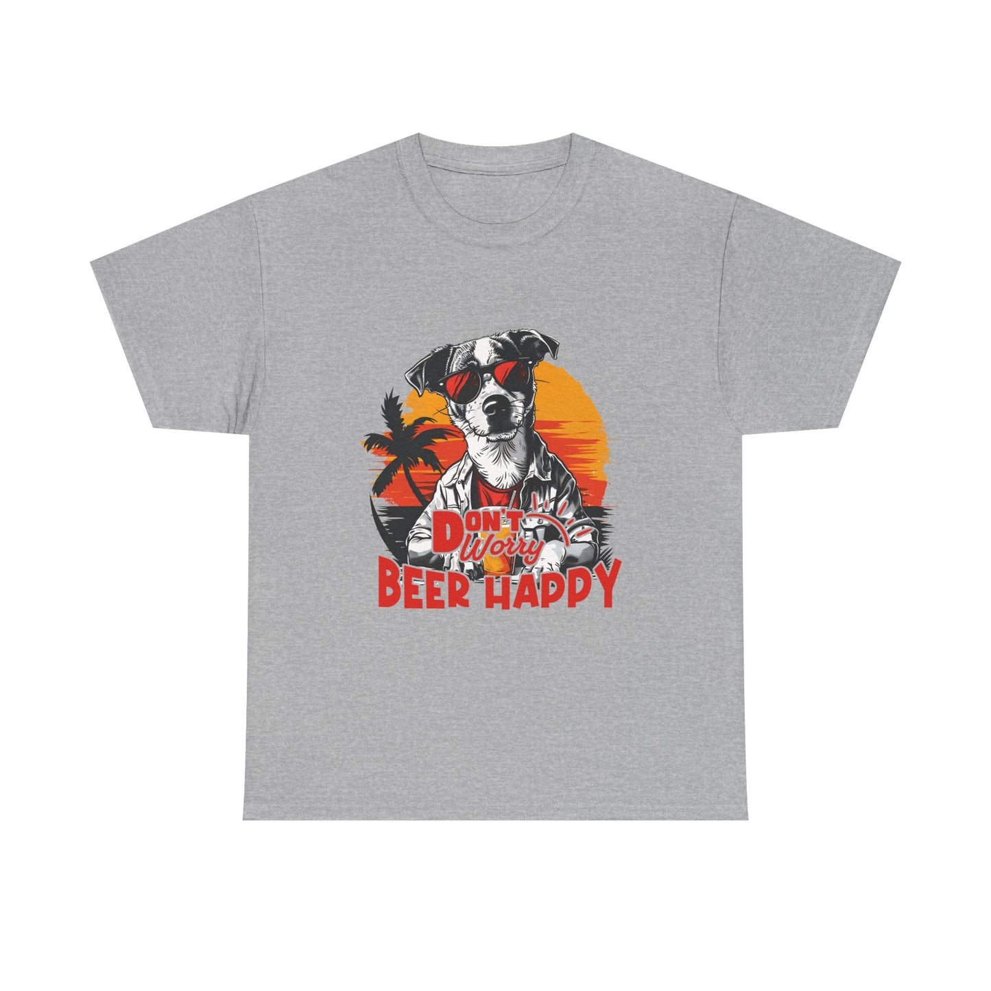 Dog With Beer T-Shirt - "Don't Worry Beer Happy" Retro Sunset Tee
