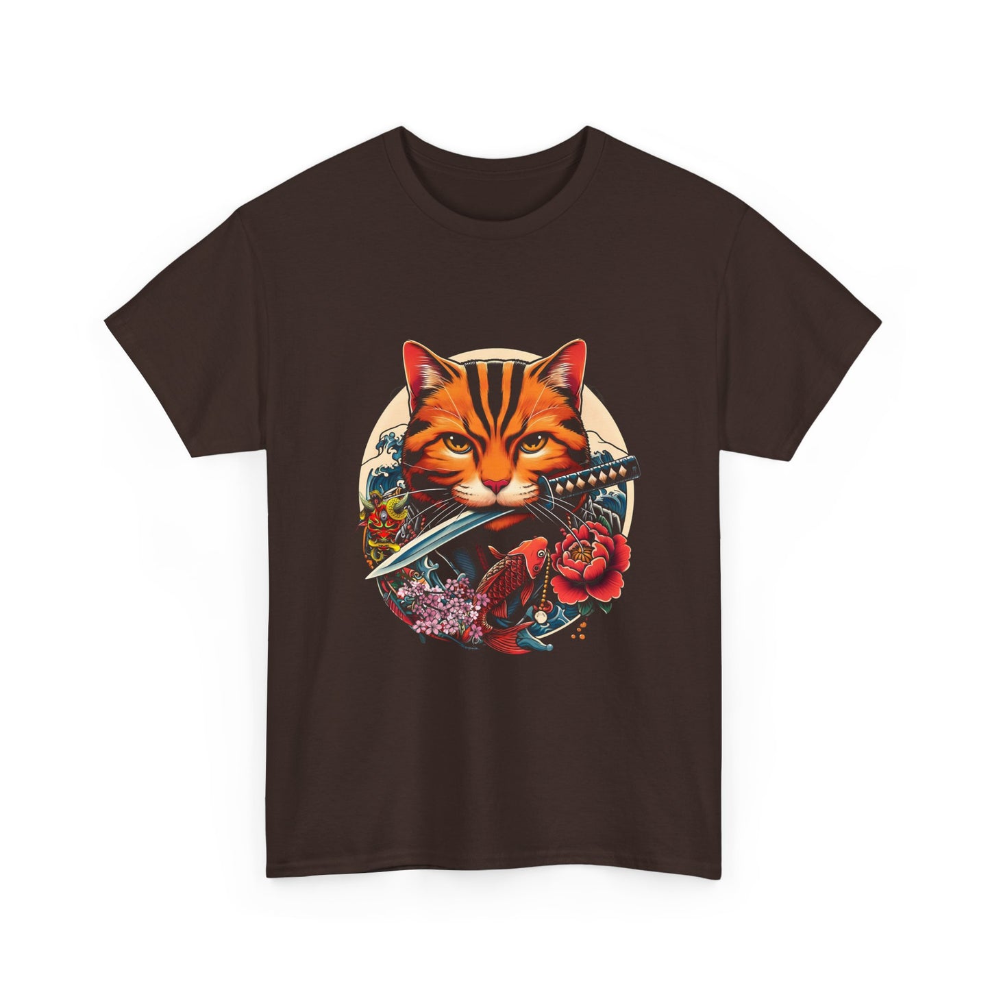 Cat Samurai T‑Shirt — Orange Tabby with Sword & Floral Crest