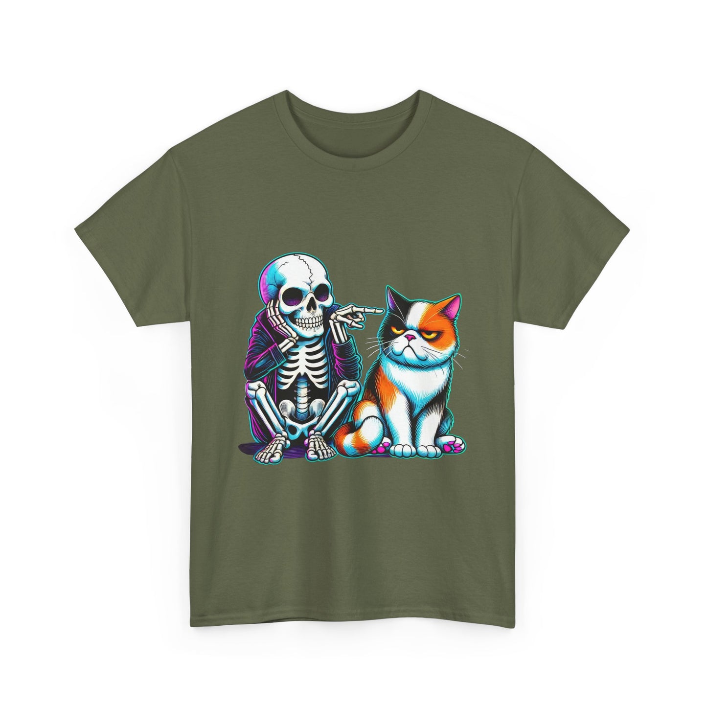 Skeleton & Cat Graphic Tee — Retro Neon Spooky Cat Shirt