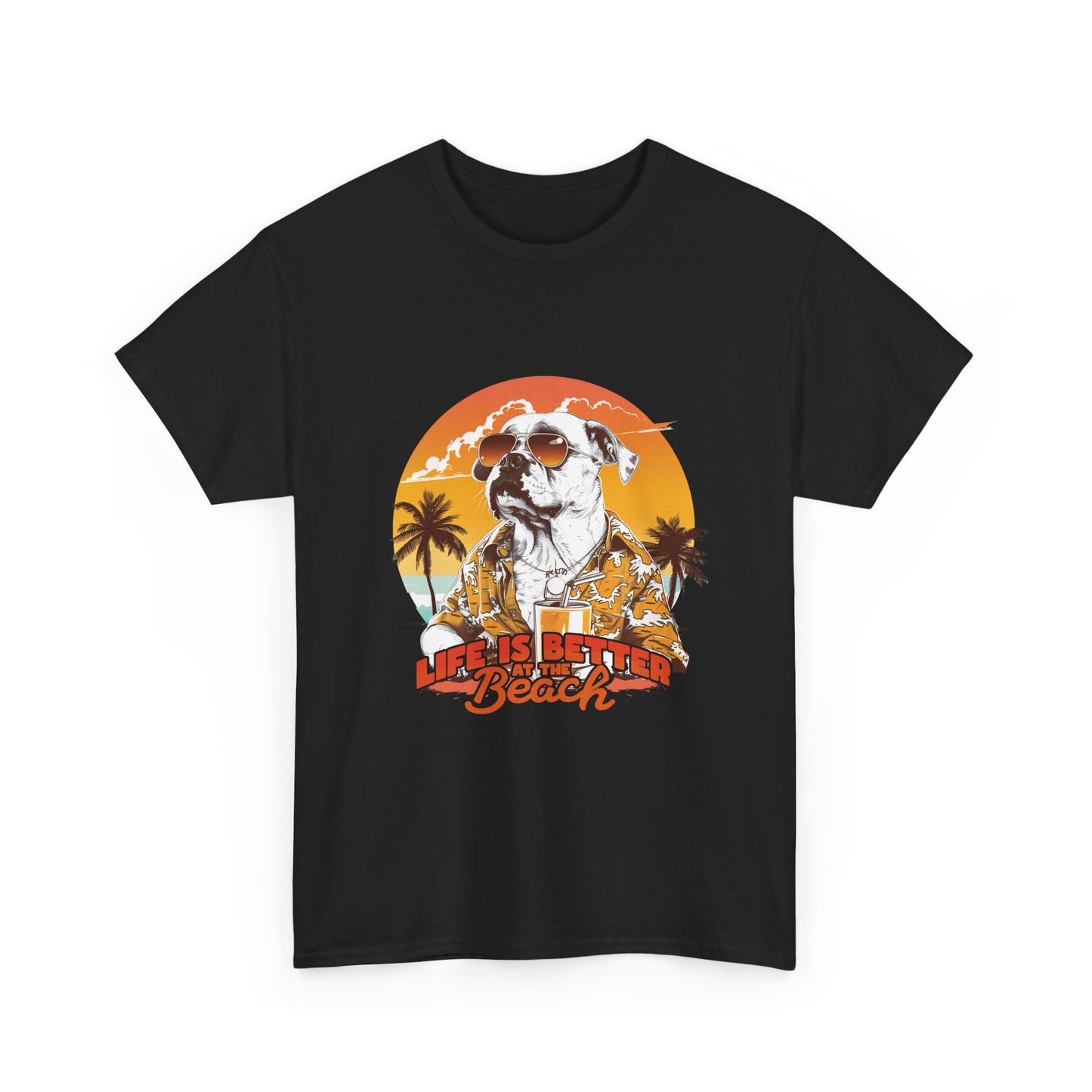 Beach Dog T-Shirt — "Life Is Better at the Beach" Retro Sunset Tee