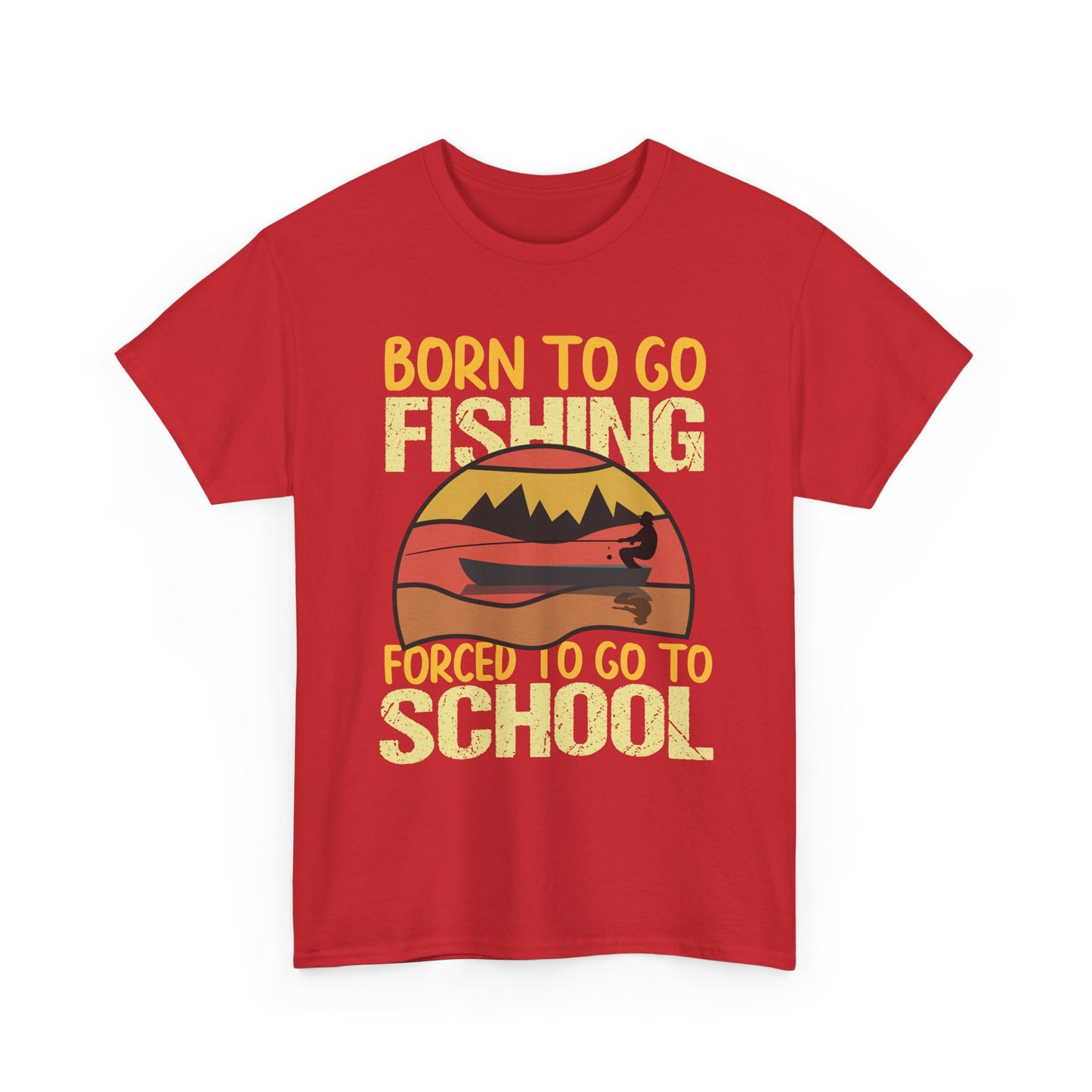 Fishing Graphic Tee - "Born to Go Fishing, Forced to Go to School" Retro Sunset T-Shirt for Kids & Teens