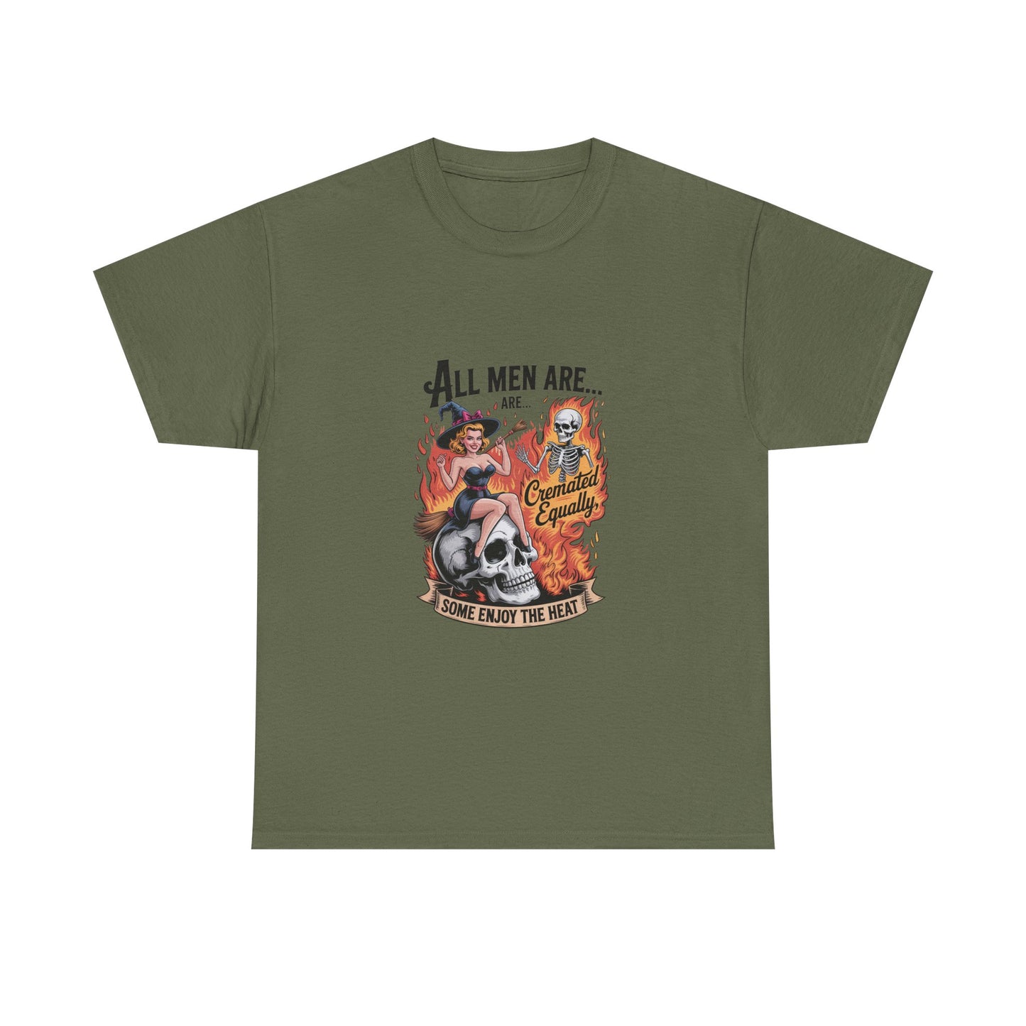 Graphic Tee — "All Men Are... Some Enjoy the Heat" Retro Pinup Flames Design