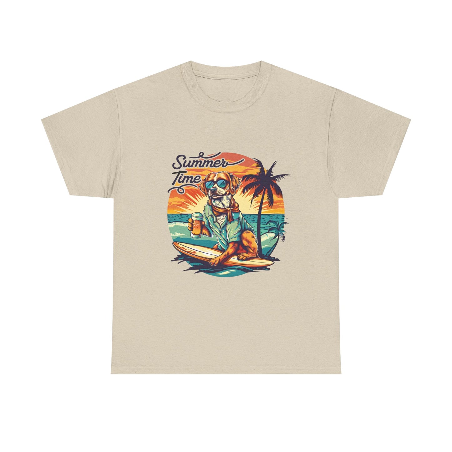 Summer Time Surfer Dog T‑Shirt — Vintage Beach Palm Surfing Dog Tee
