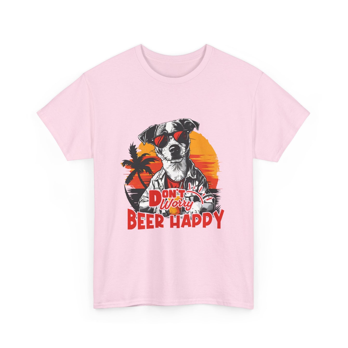 Dog With Beer T-Shirt - "Don't Worry Beer Happy" Retro Sunset Tee
