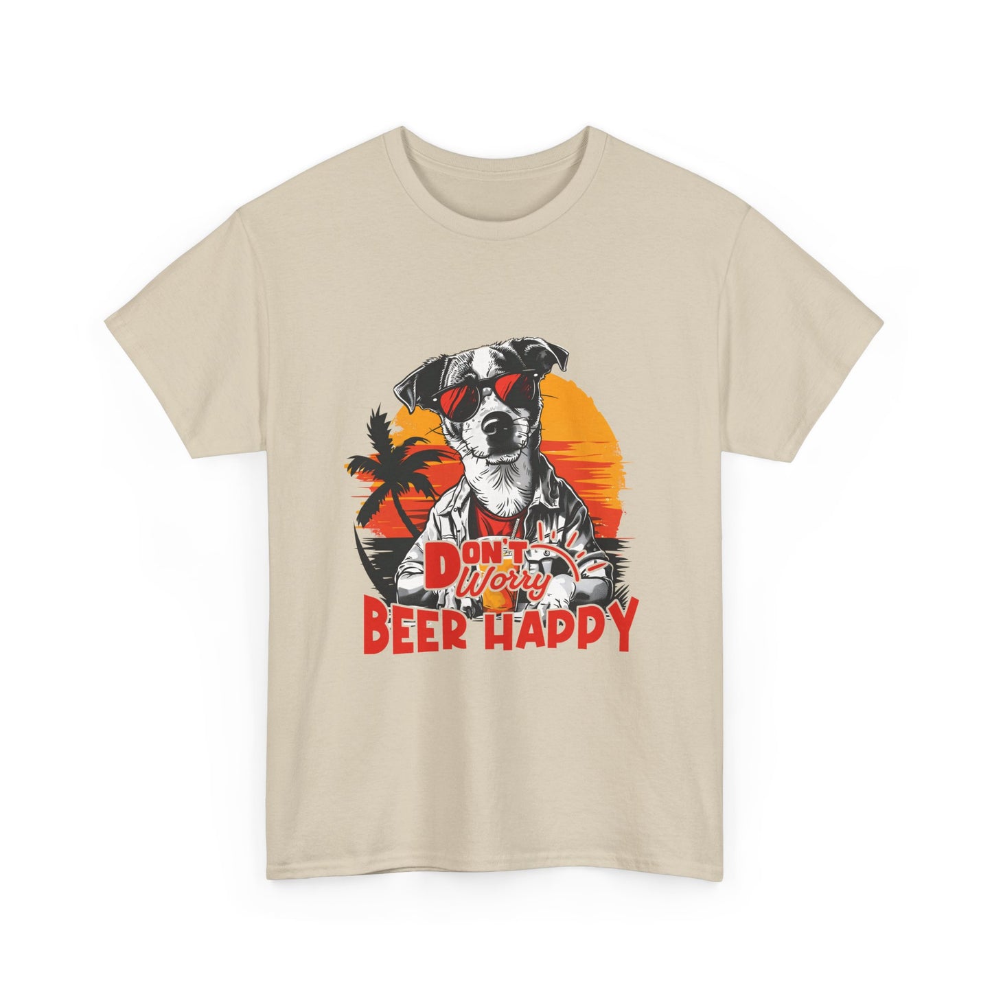 Dog With Beer T-Shirt - "Don't Worry Beer Happy" Retro Sunset Tee