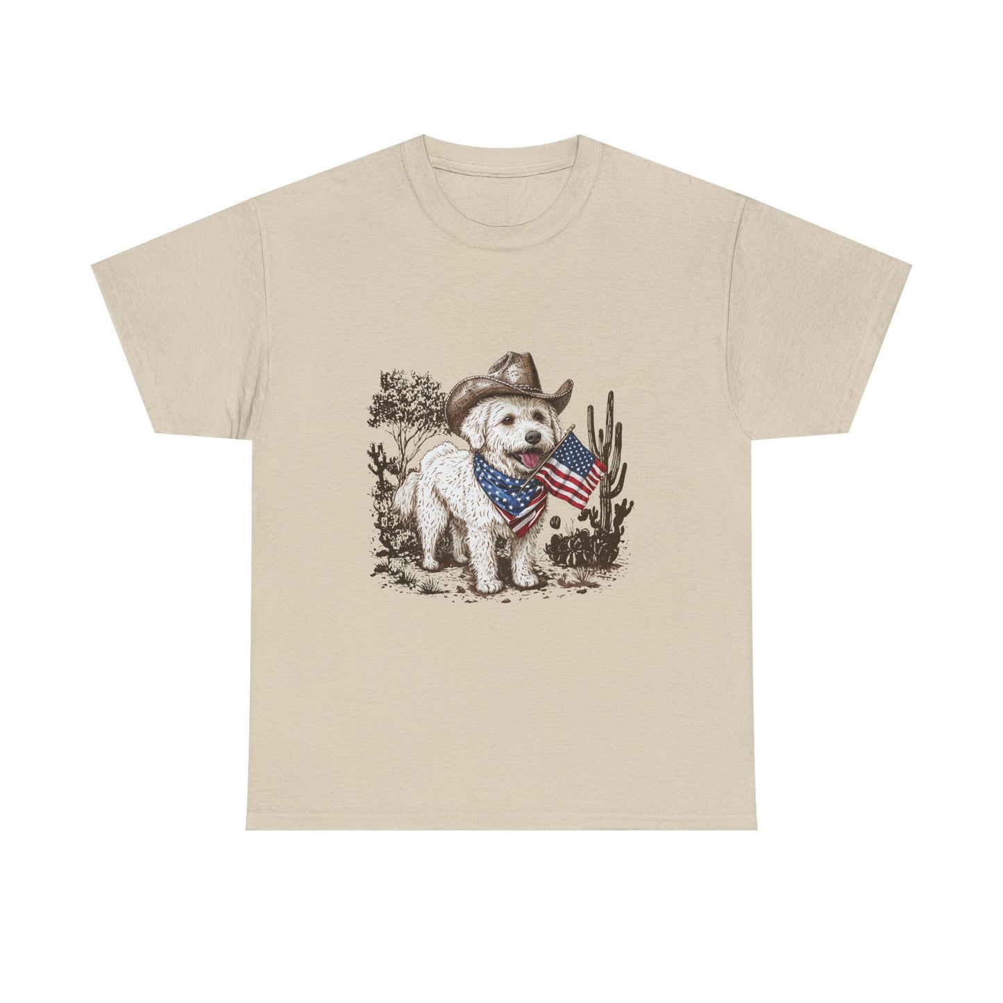 Patriotic Puppy Tee — Cowboy Dog with American Flag