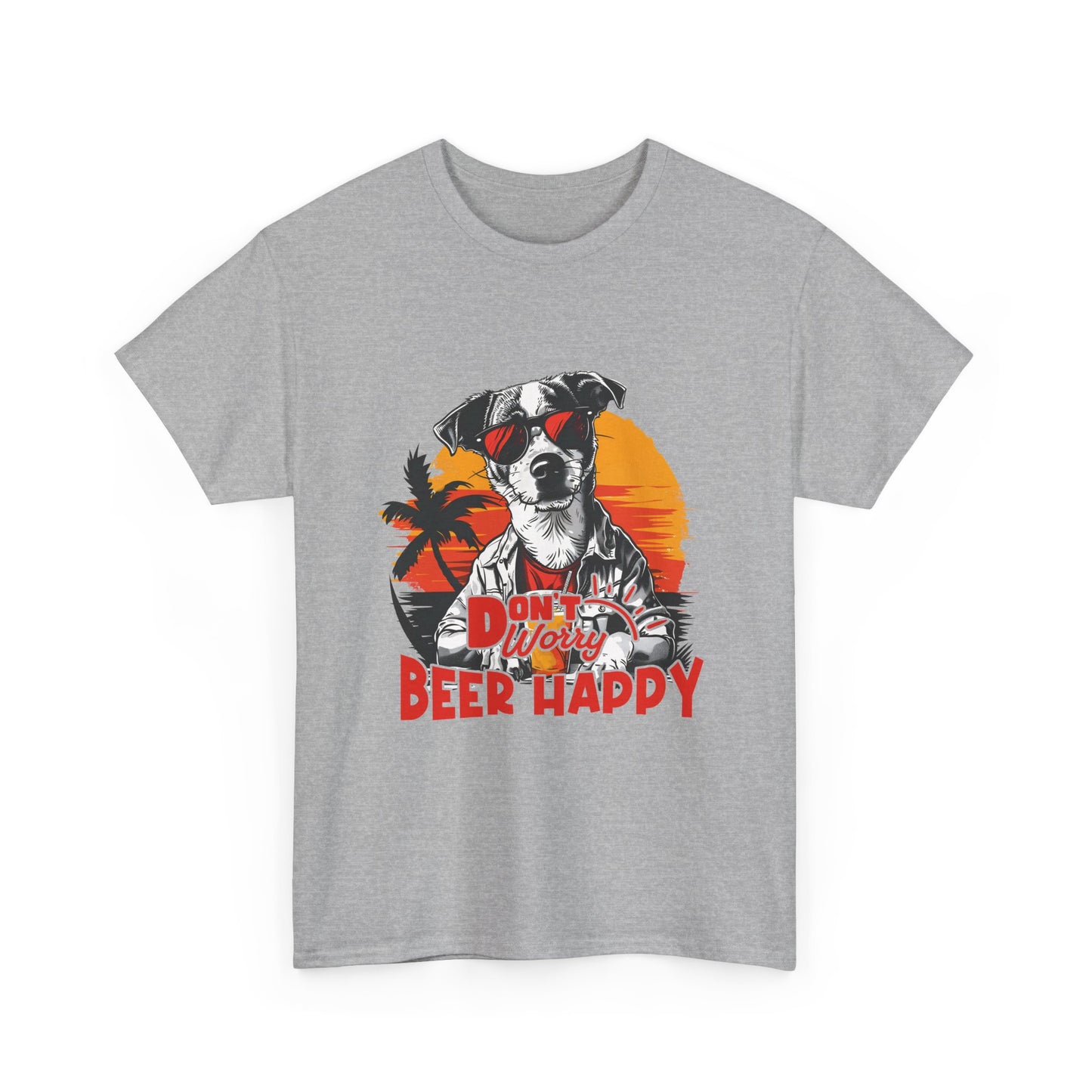 Dog With Beer T-Shirt - "Don't Worry Beer Happy" Retro Sunset Tee