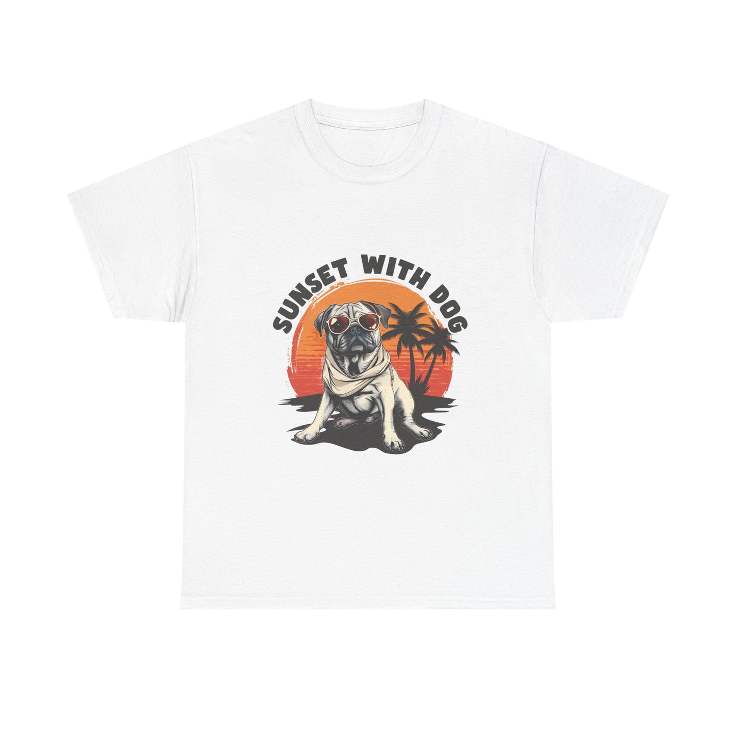 Sunset With Dog T-Shirt – Retro Beach Pug Tee