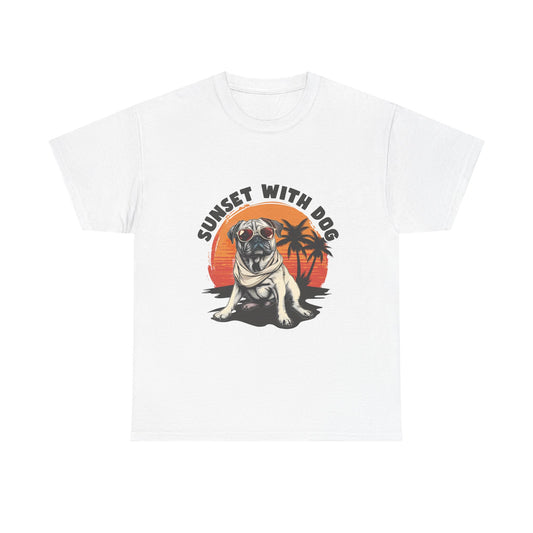 Sunset With Dog T-Shirt – Retro Beach Pug Tee