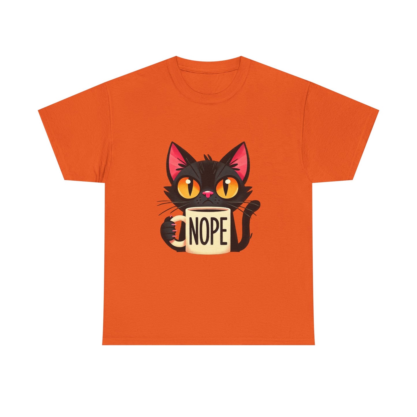 Cat 'Nope' T-Shirt — Cute Black Cat Holding 'NOPE' Mug Graphic Tee