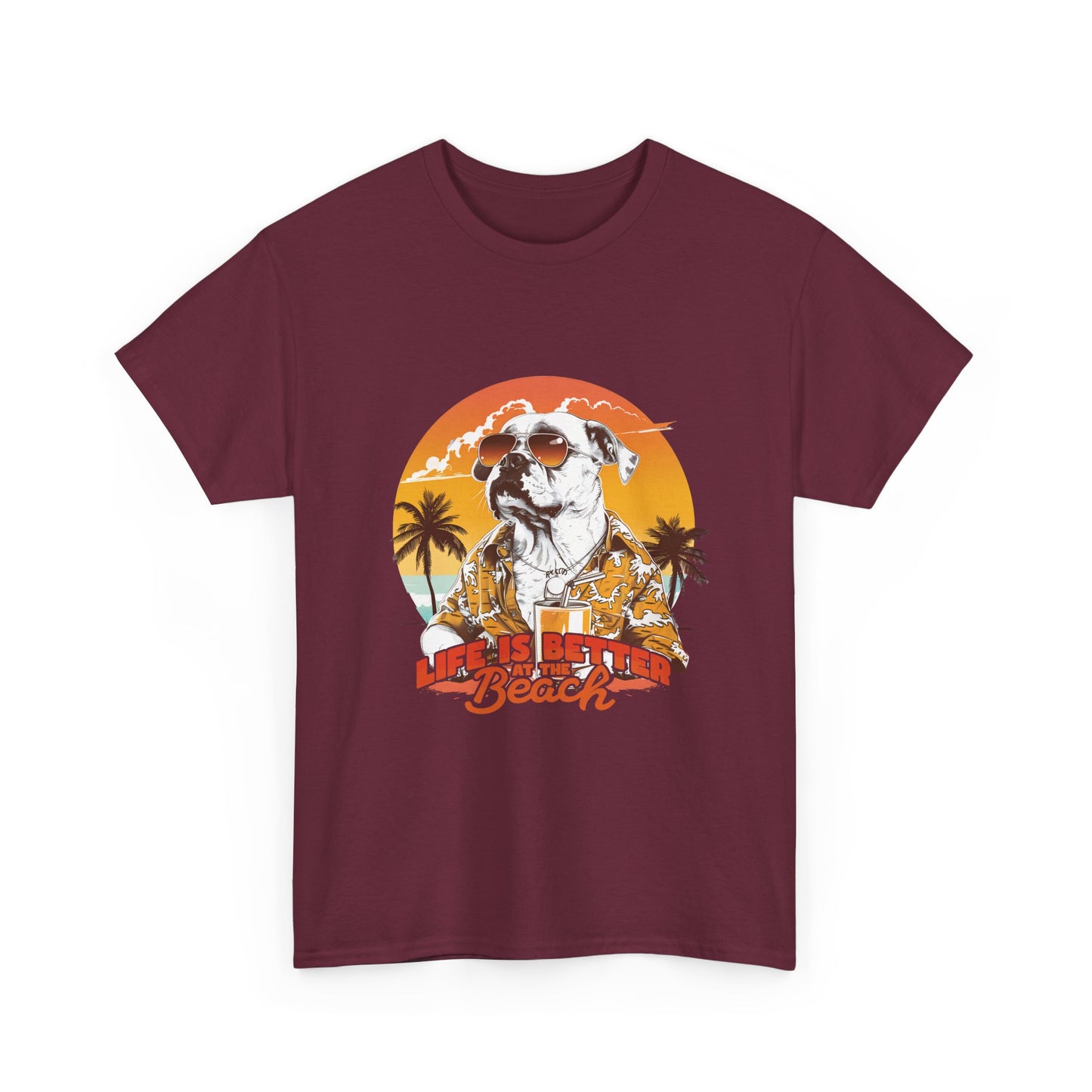 Beach Dog T-Shirt — "Life Is Better at the Beach" Retro Sunset Tee