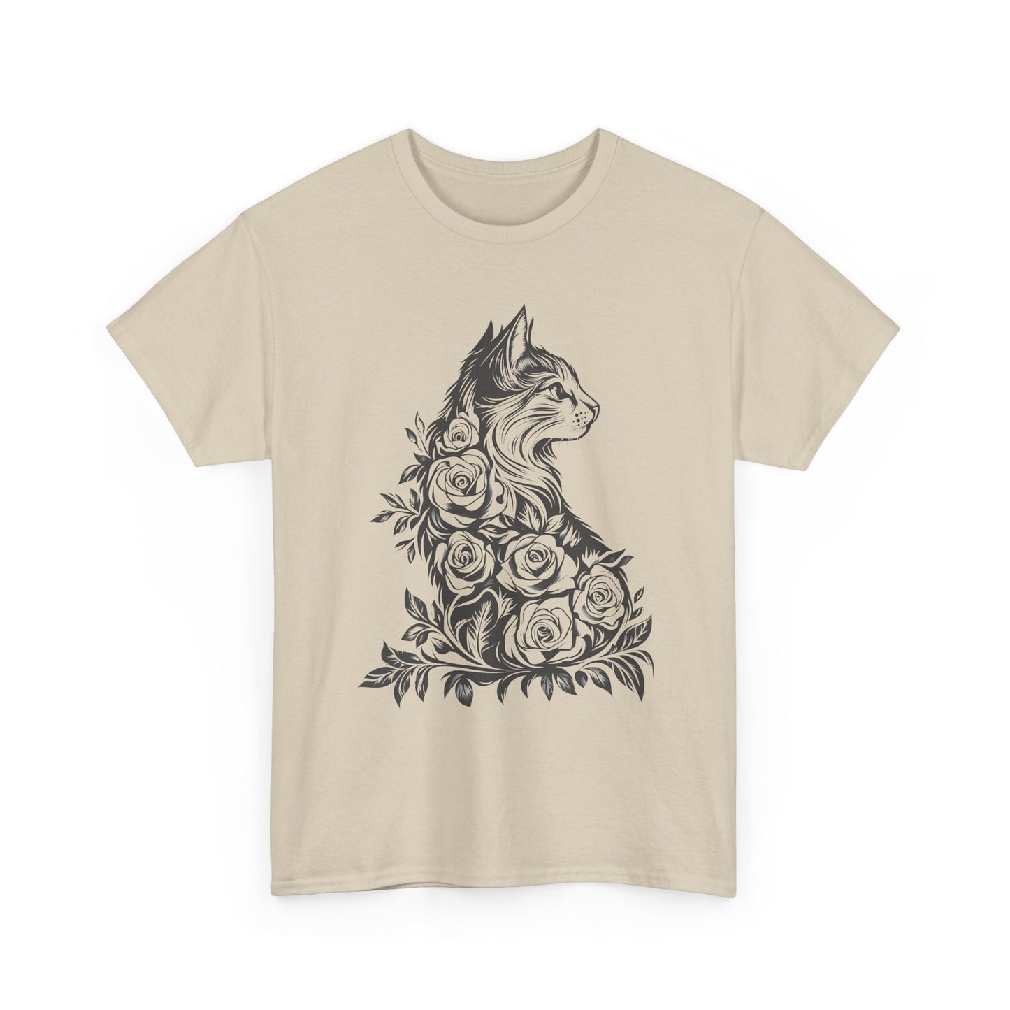 Floral Cat Tee — Vintage Black & White Cat with Roses T-Shirt
