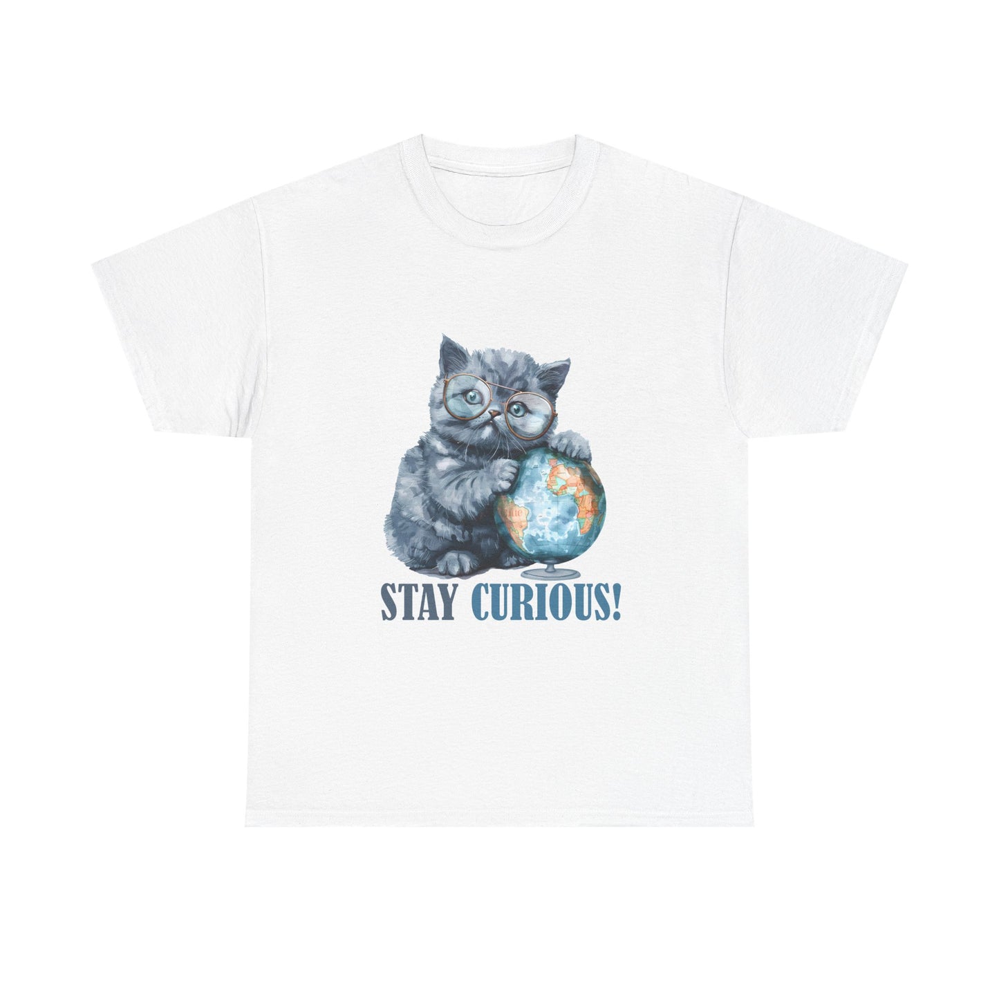 Cat & Globe T-Shirt — "Stay Curious!" Cute Explorer Kitten Tee