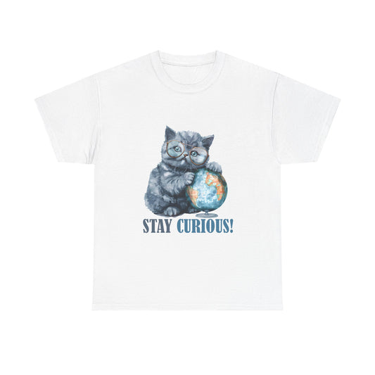 Cat & Globe T-Shirt — "Stay Curious!" Cute Explorer Kitten Tee