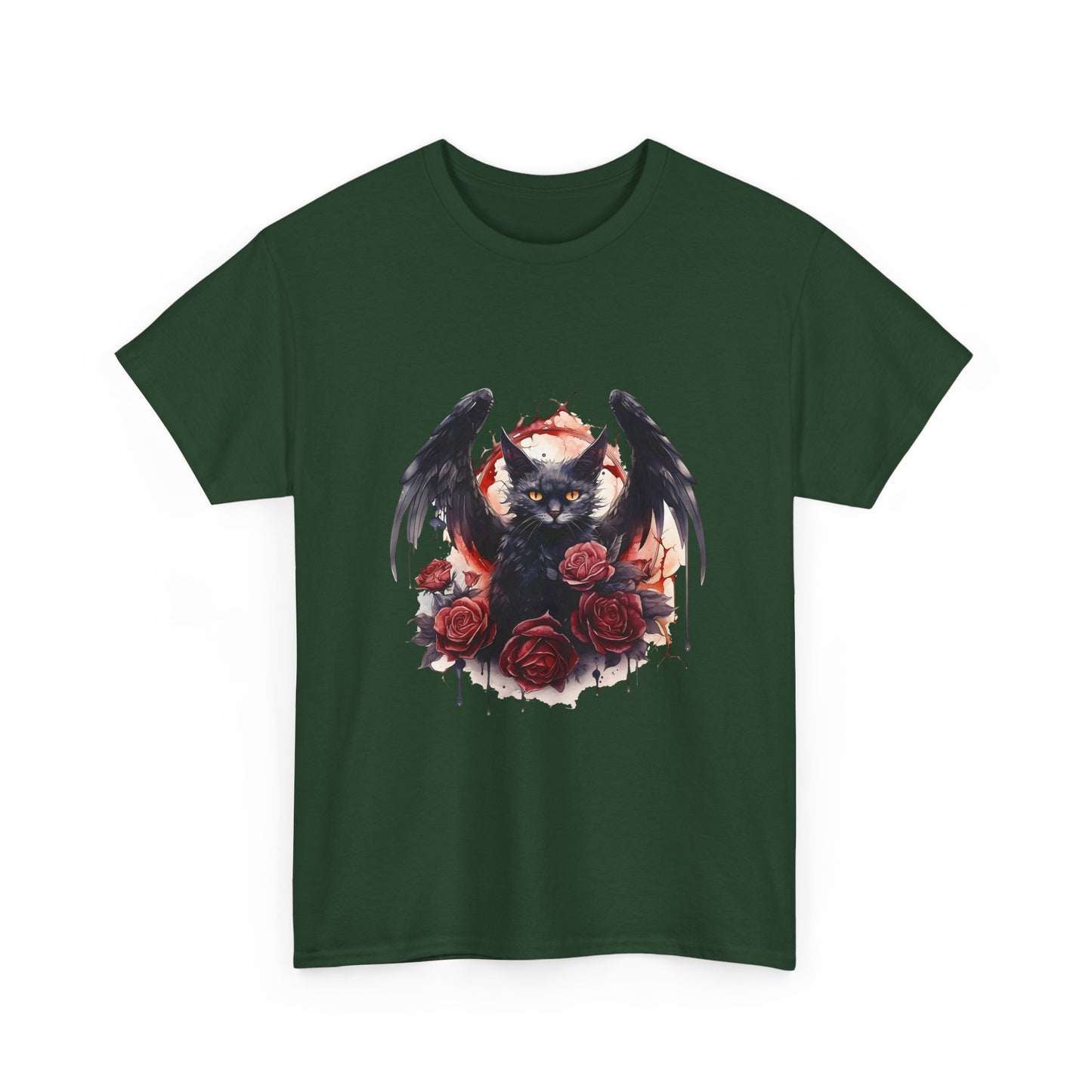 Cat Demon Tee — Gothic Bat-Wing Cat with Roses Graphic Shirt