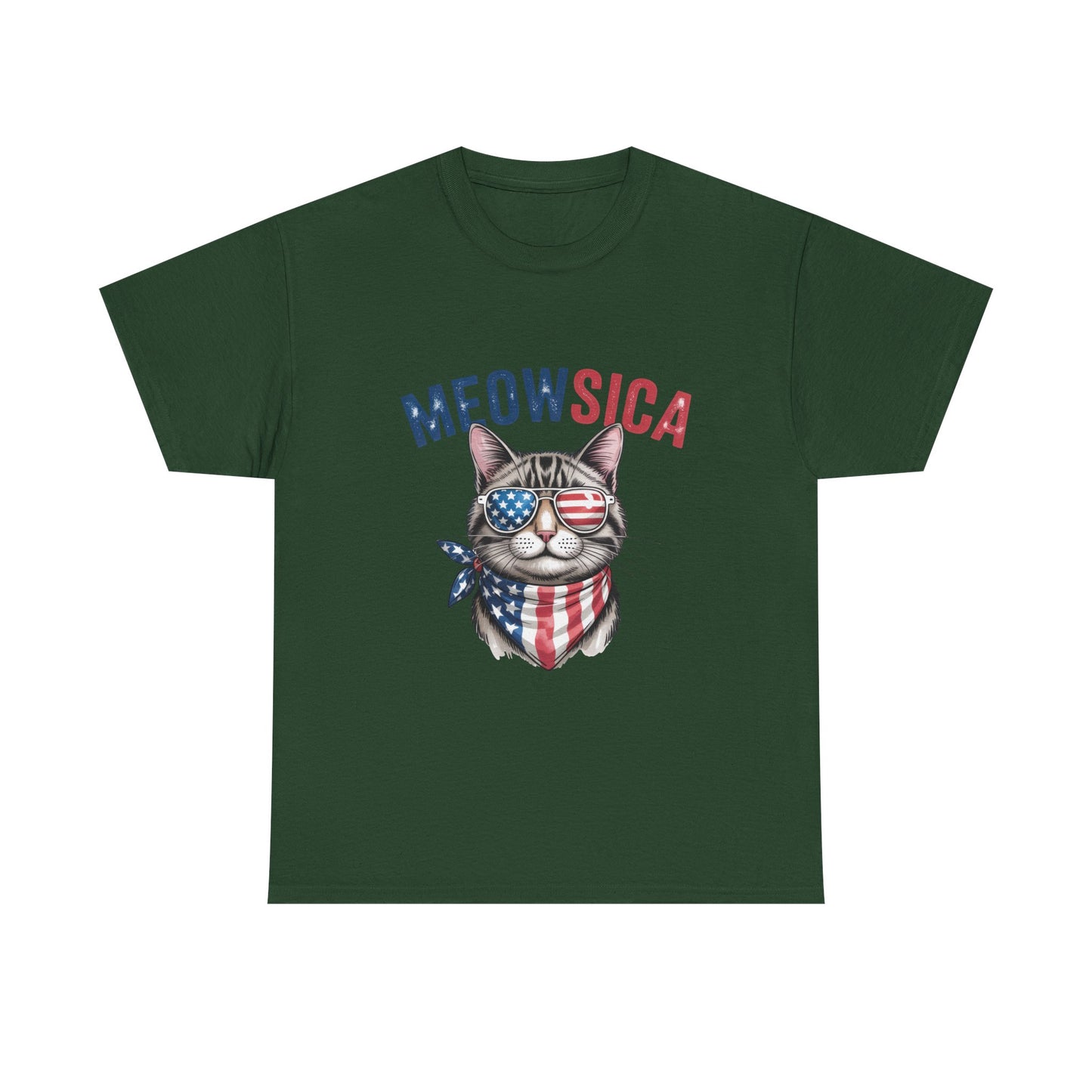 Meowsica Cat T‑Shirt — Patriotic American Flag Kitty Tee