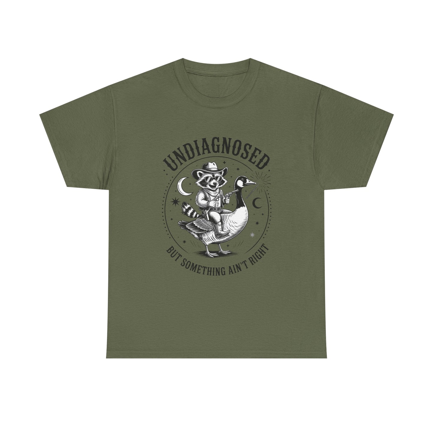 Undiagnosed But Something Ain't Right T-Shirt — Funny Retro Raccoon Riding Goose Tee