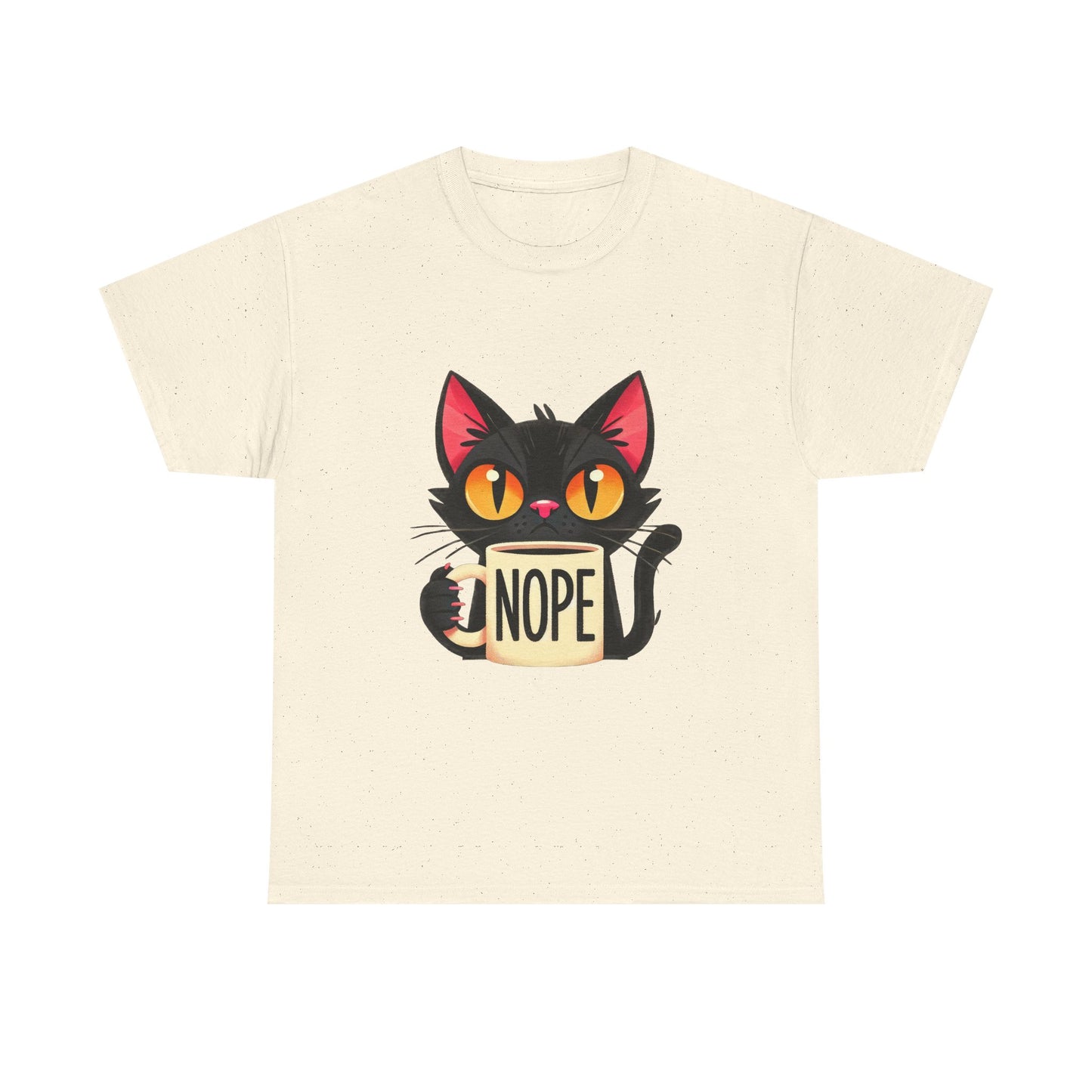 Cat 'Nope' T-Shirt — Cute Black Cat Holding 'NOPE' Mug Graphic Tee