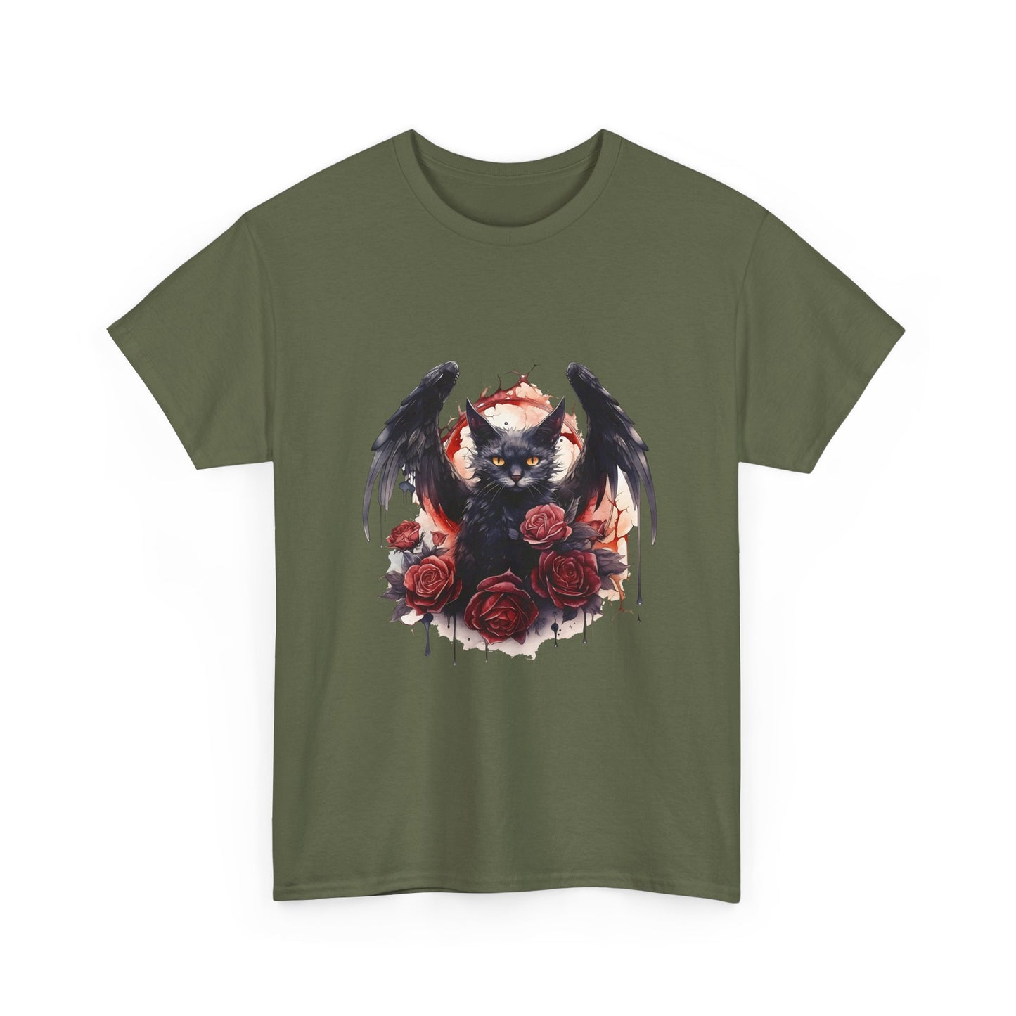 Cat Demon Tee — Gothic Bat-Wing Cat with Roses Graphic Shirt