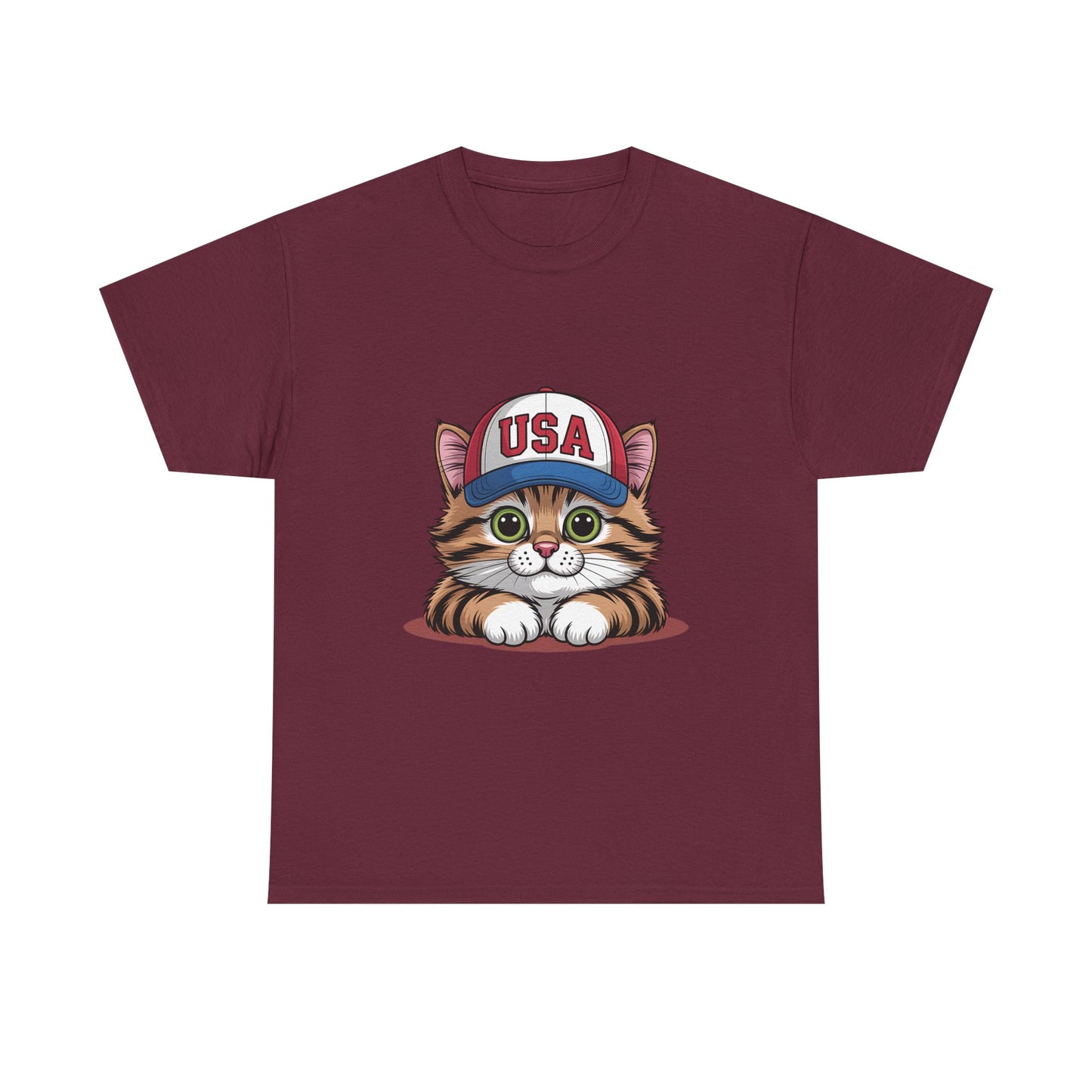 USA Kitten T-Shirt – Cute Cat Wearing USA Cap, Patriotic Fourth of July Tee