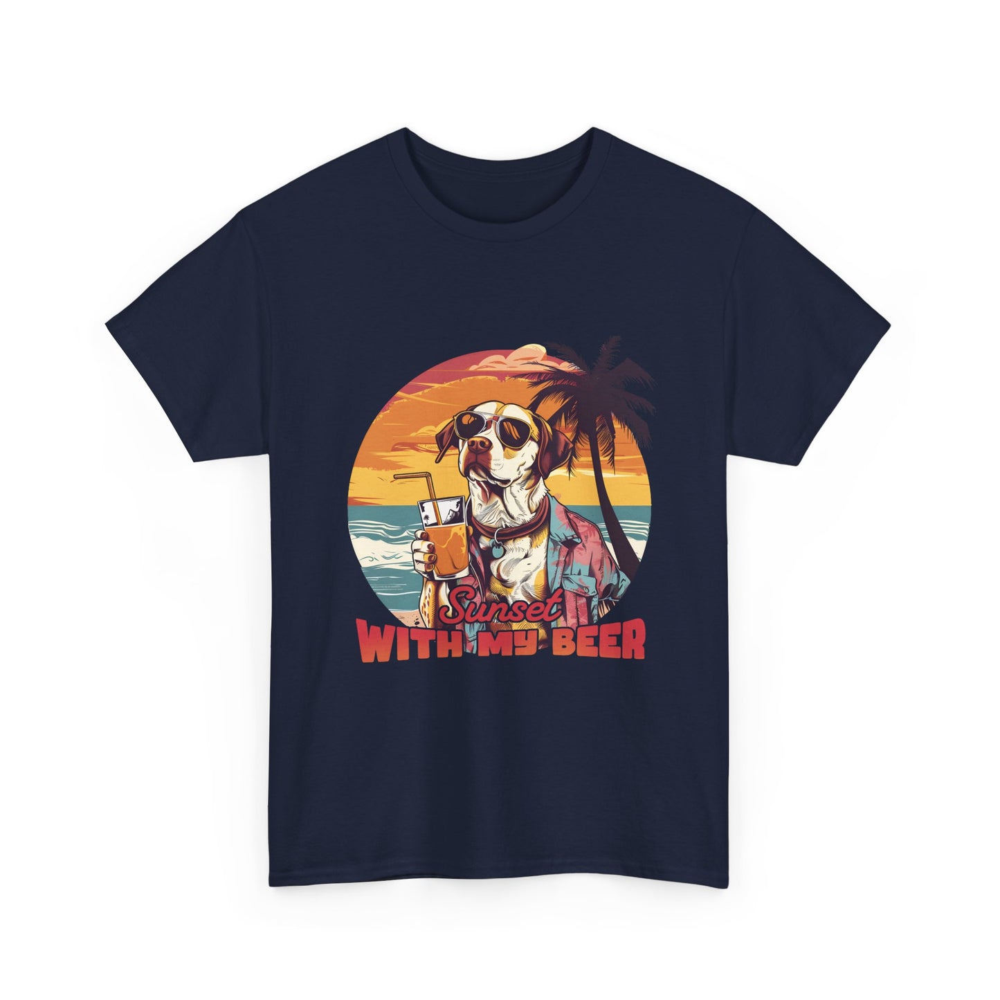 T-Shirt — Sunset With My Beer Dog Graphic Tee — Retro Tropical Beach Vibes