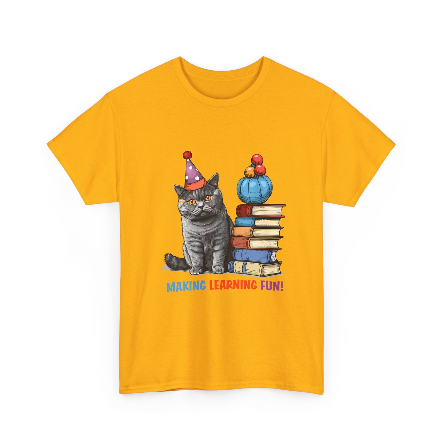 Cat Teacher T-Shirt — "Making Learning Fun!" Cute School Cat with Books Tee