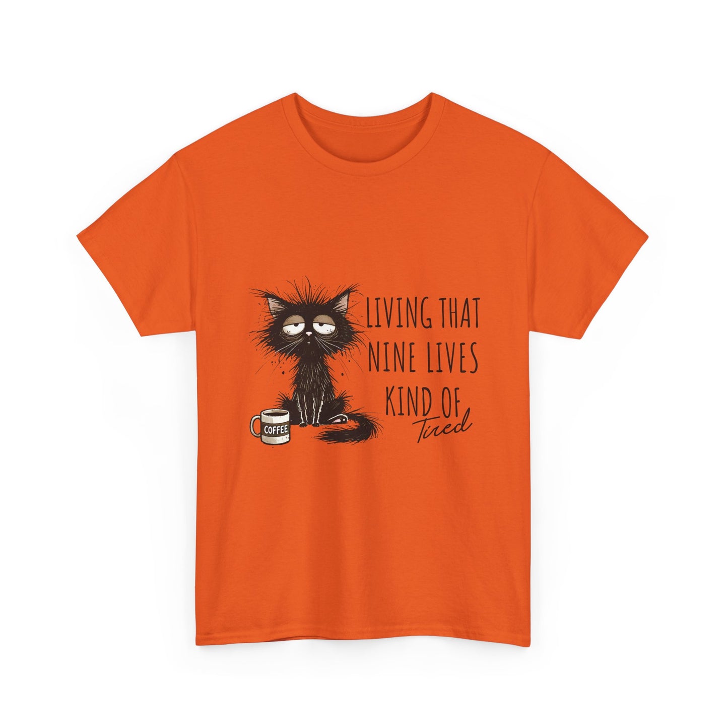 Cat T-Shirt - "Living That Nine Lives Kind of Tired" Graphic Tee, Funny Coffee Cat Shirt for Cat Lovers