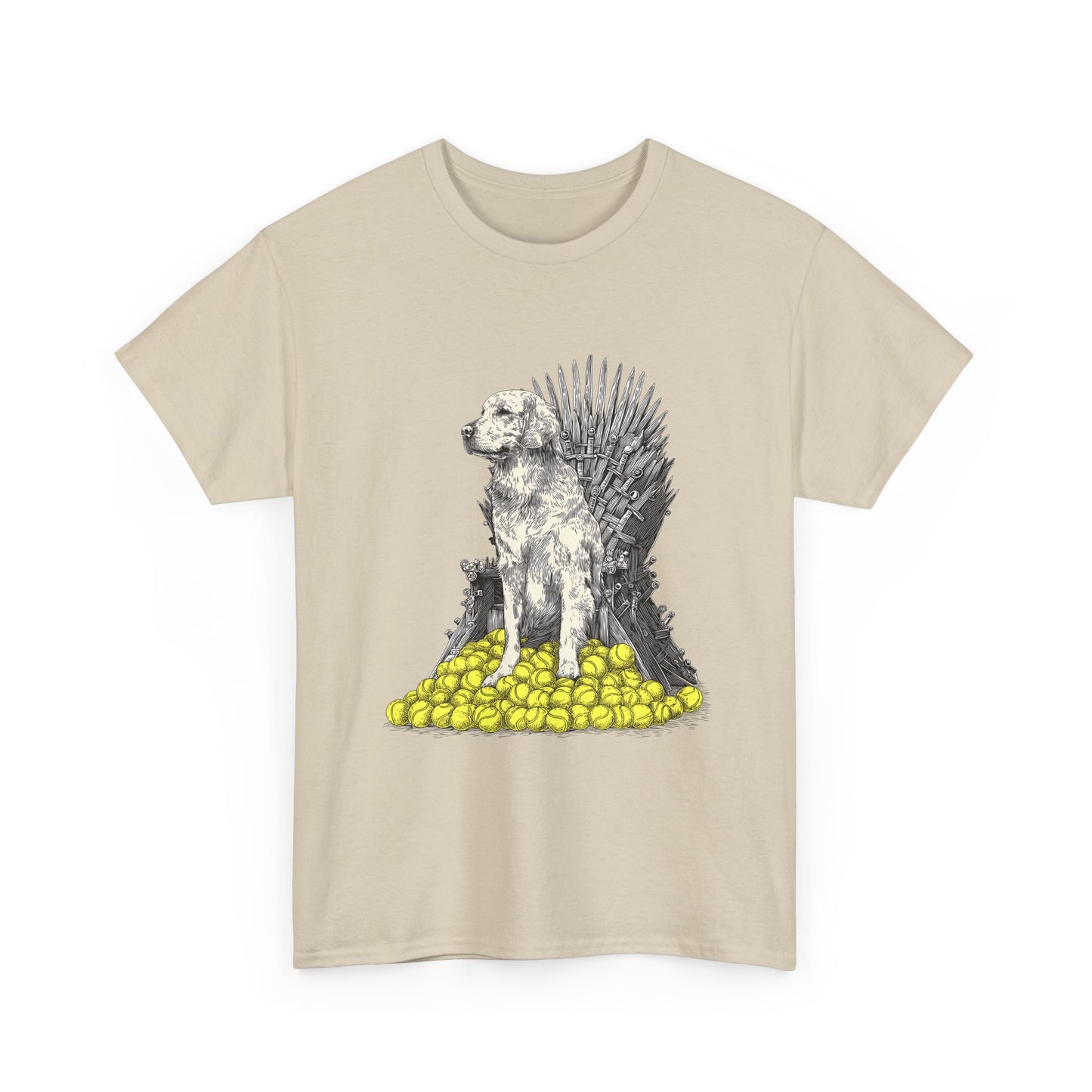 Dog Throne T‑Shirt — Dog on Iron Throne of Tennis Balls Graphic Tee