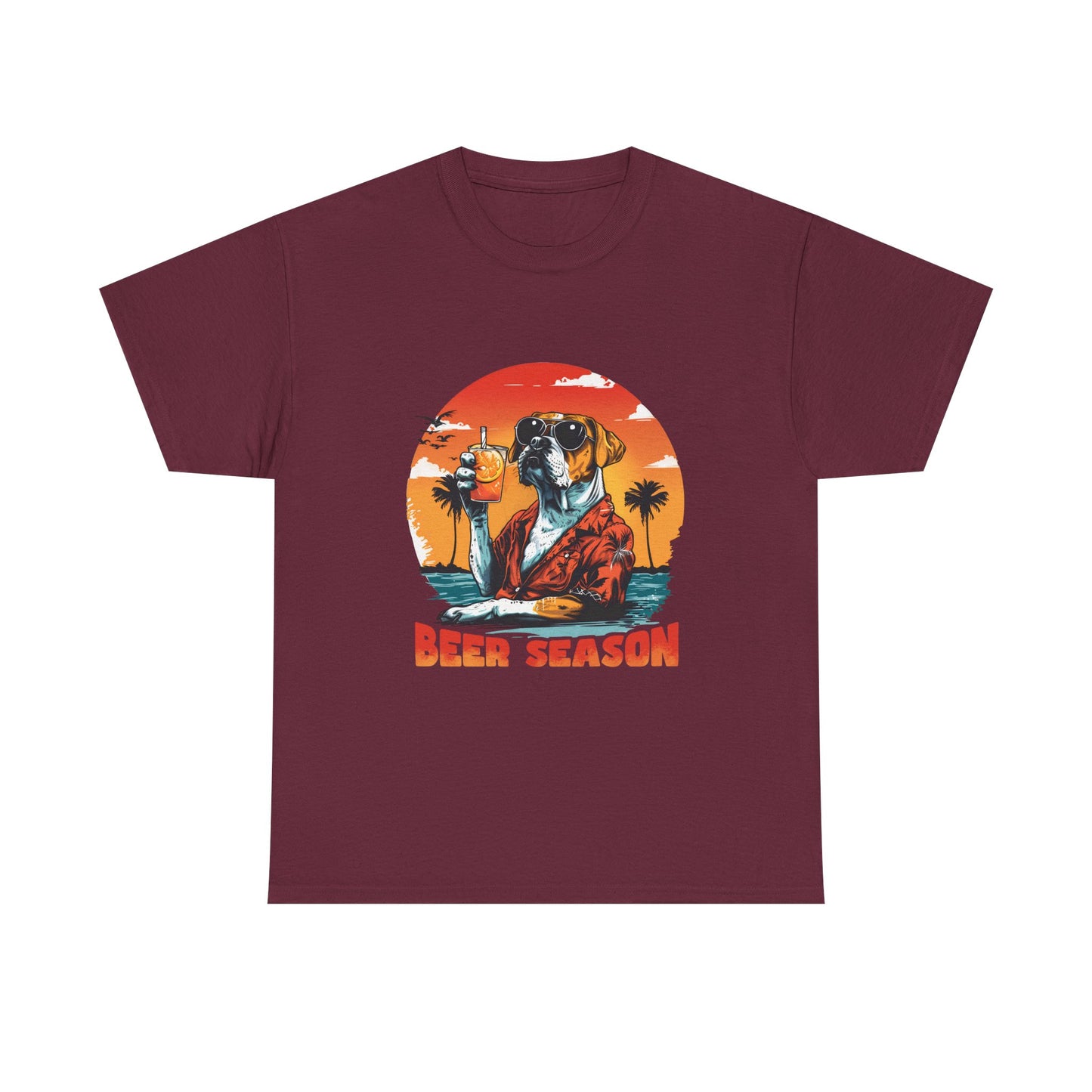 Beer Season T-Shirt — Vintage Sunset Dog Holding Beer