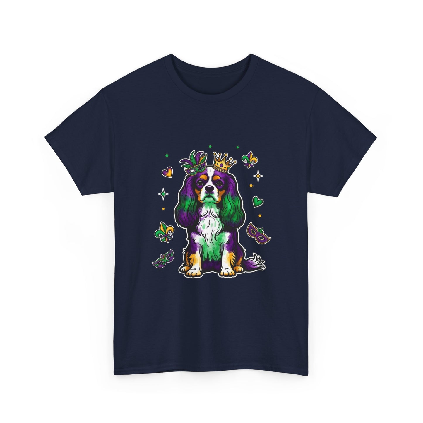 Mardi Gras Cavalier King Charles Dog T‑Shirt — King & Mask Festival Tee