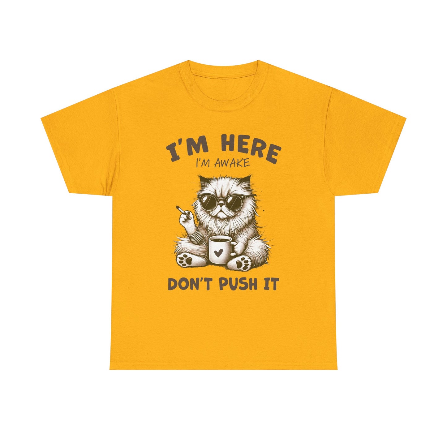 I'm Here I'm Awake Don’t Push It Cat T-Shirt — Funny Coffee Cat Tee for Cat Lovers