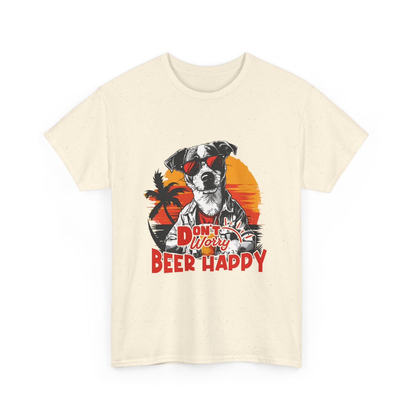 Dog With Beer T-Shirt - "Don't Worry Beer Happy" Retro Sunset Tee
