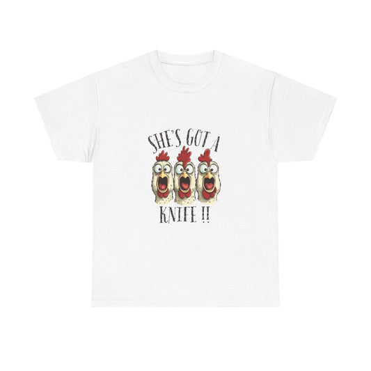 Chicken Choir "She's Got a Knife!!" Tee - Funny Farm Animal Graphic T-Shirt