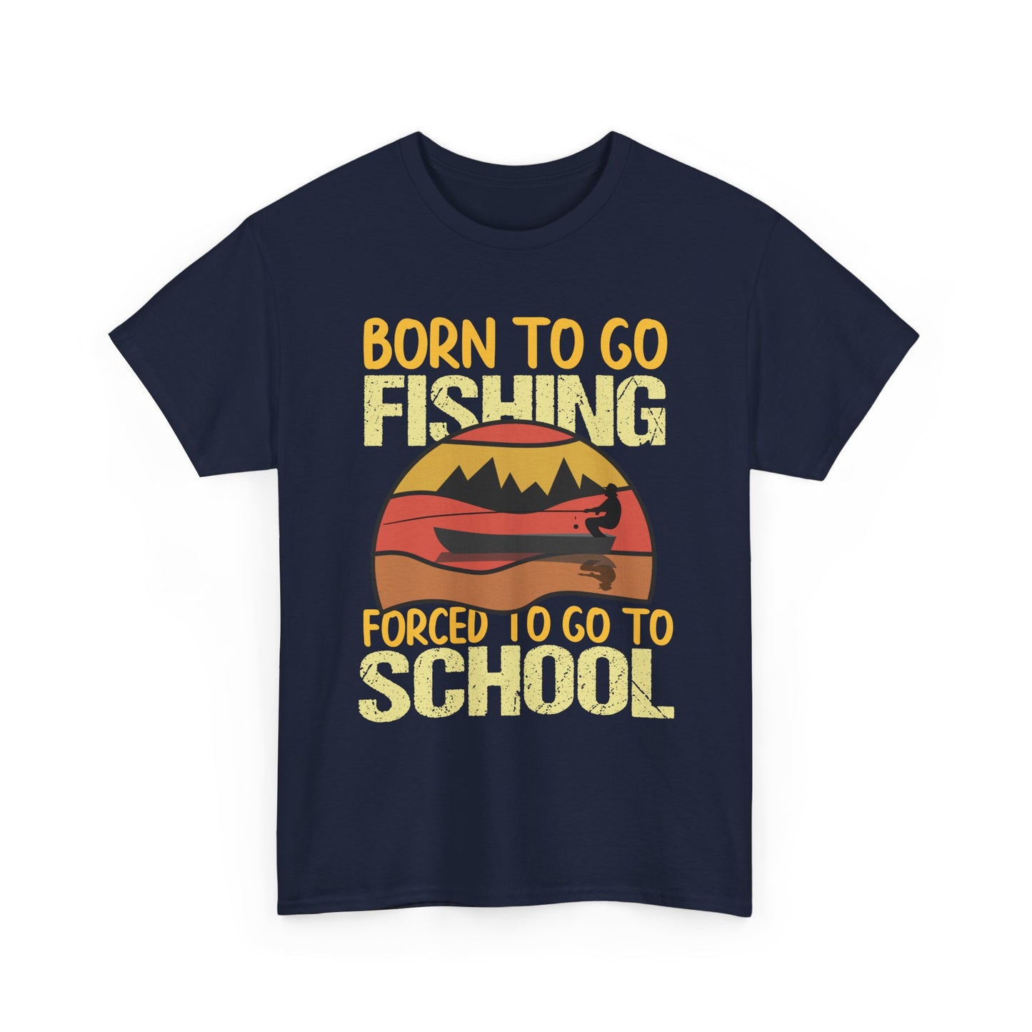 Fishing Graphic Tee - "Born to Go Fishing, Forced to Go to School" Retro Sunset T-Shirt for Kids & Teens