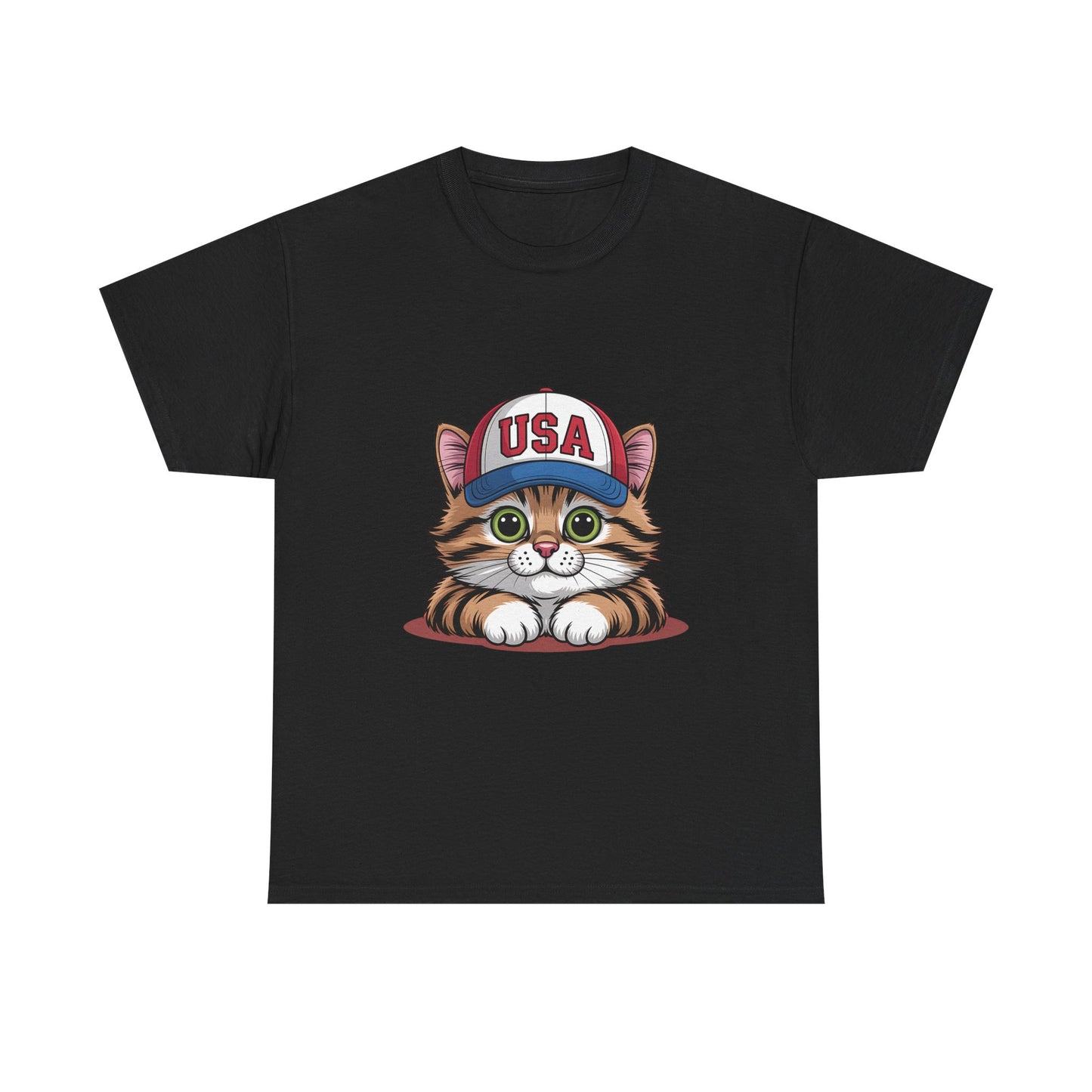 USA Kitten T-Shirt – Cute Cat Wearing USA Cap, Patriotic Fourth of July Tee