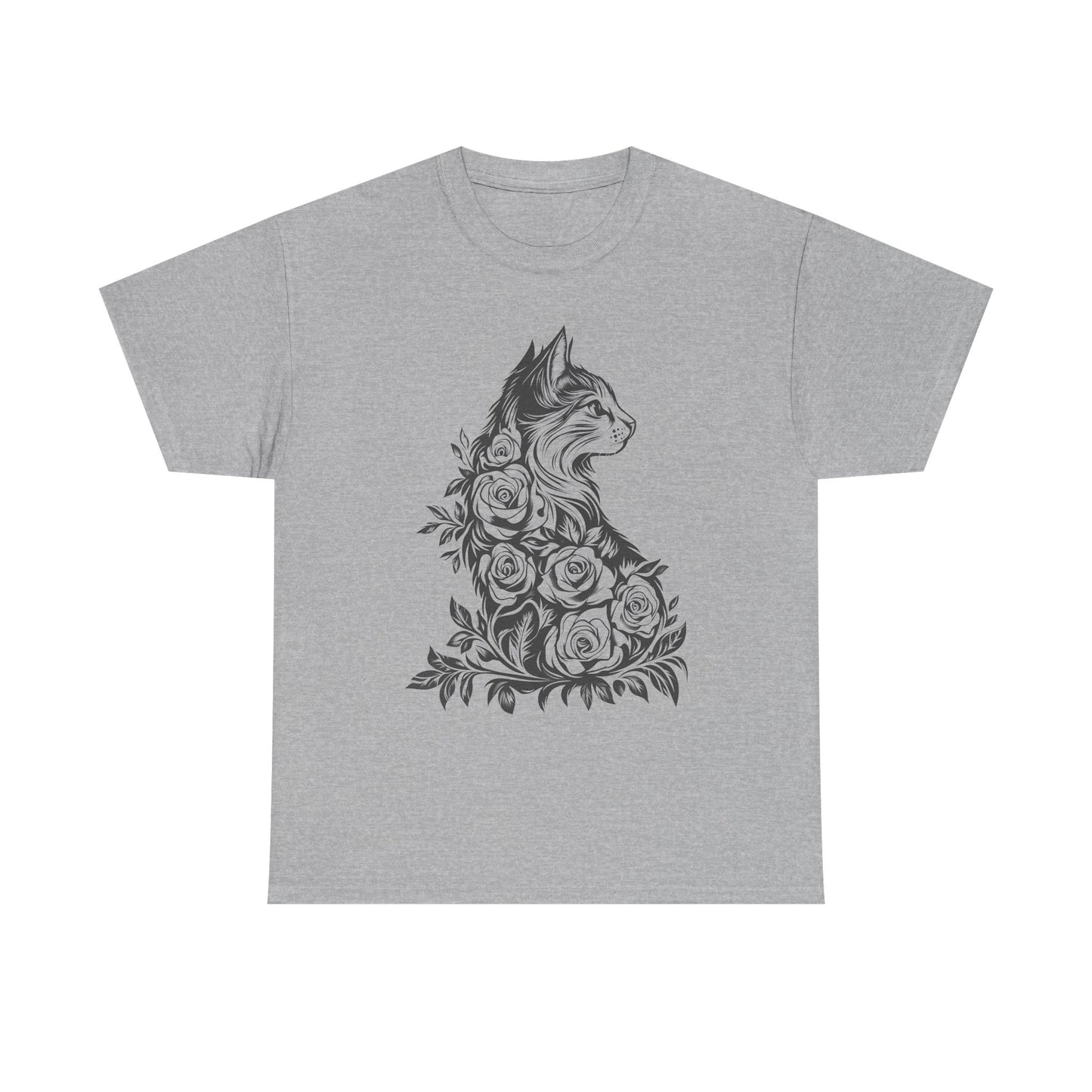 Floral Cat Tee — Vintage Black & White Cat with Roses T-Shirt